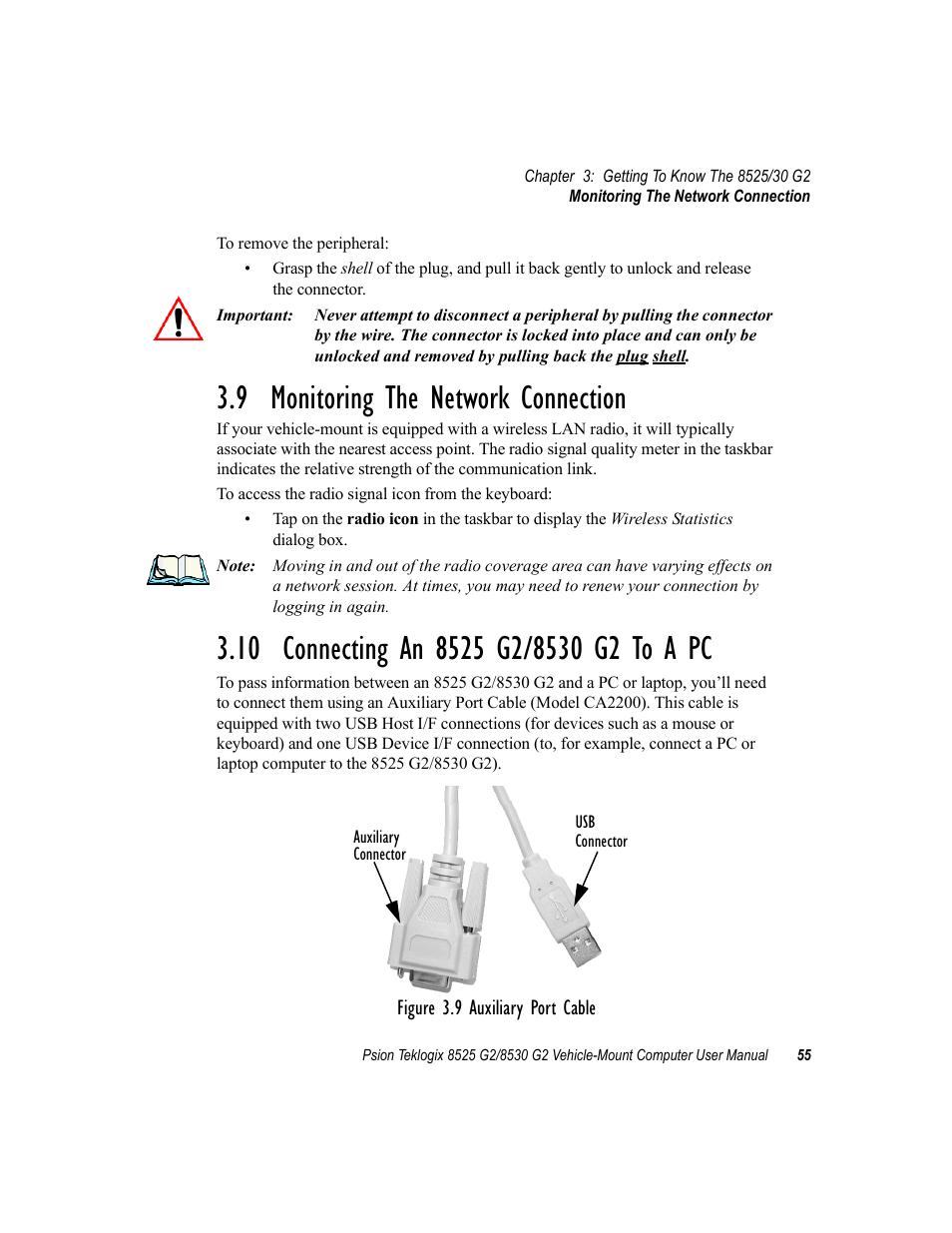 9 monitoring the network connection, 10 connecting an 8525 g2/8530 g2 to a pc | Psion Teklogix Vehicle-Mount Computer 8525 G2 User Manual | Page 79 / 230