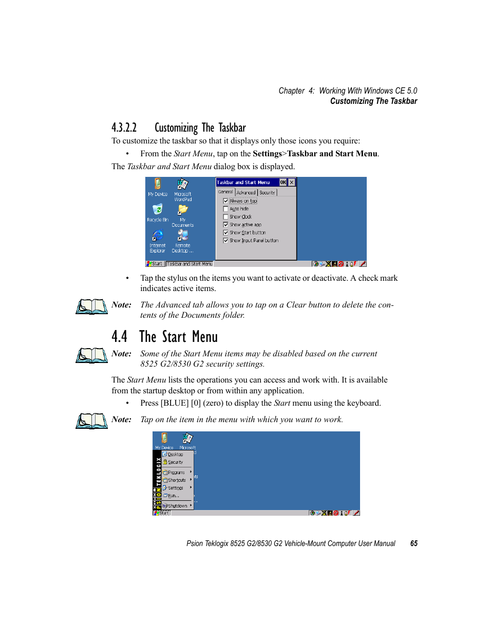2 customizing the taskbar, 4 the start menu | Psion Teklogix Vehicle-Mount Computer 8525 G2 User Manual | Page 89 / 230