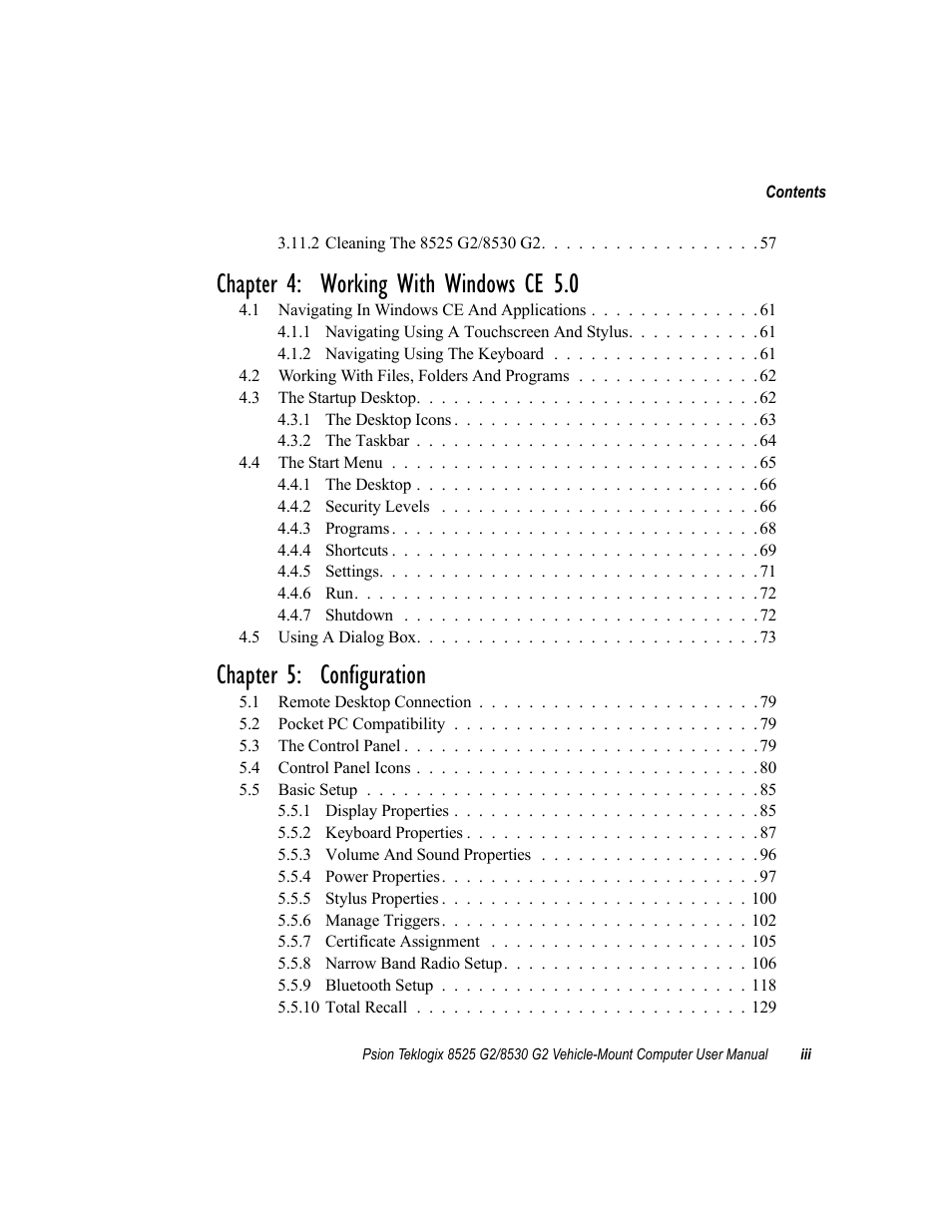 Chapter 4: working with windows ce 5.0, Chapter 5: configuration | Psion Teklogix Vehicle-Mount Computer 8525 G2 User Manual | Page 9 / 230