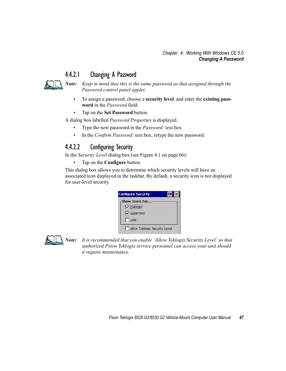 1 changing a password, 2 configuring security, 1 changing a password 4.4.2.2 configuring security | Psion Teklogix Vehicle-Mount Computer 8525 G2 User Manual | Page 91 / 230