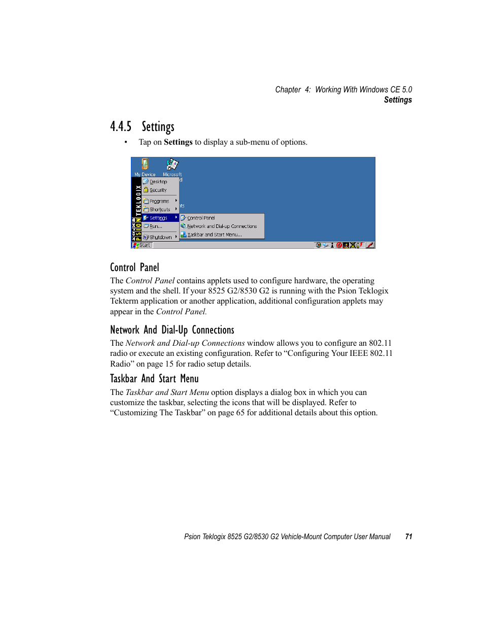 5 settings, Control panel, Network and dial-up connections | Taskbar and start menu | Psion Teklogix Vehicle-Mount Computer 8525 G2 User Manual | Page 95 / 230