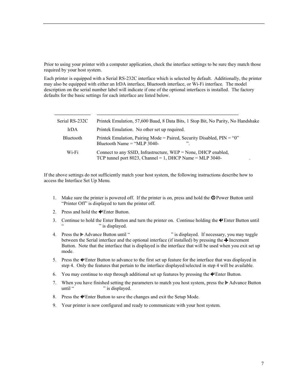 Host interface set up | Psion Teklogix MLP 3040 Series User Manual | Page 13 / 65