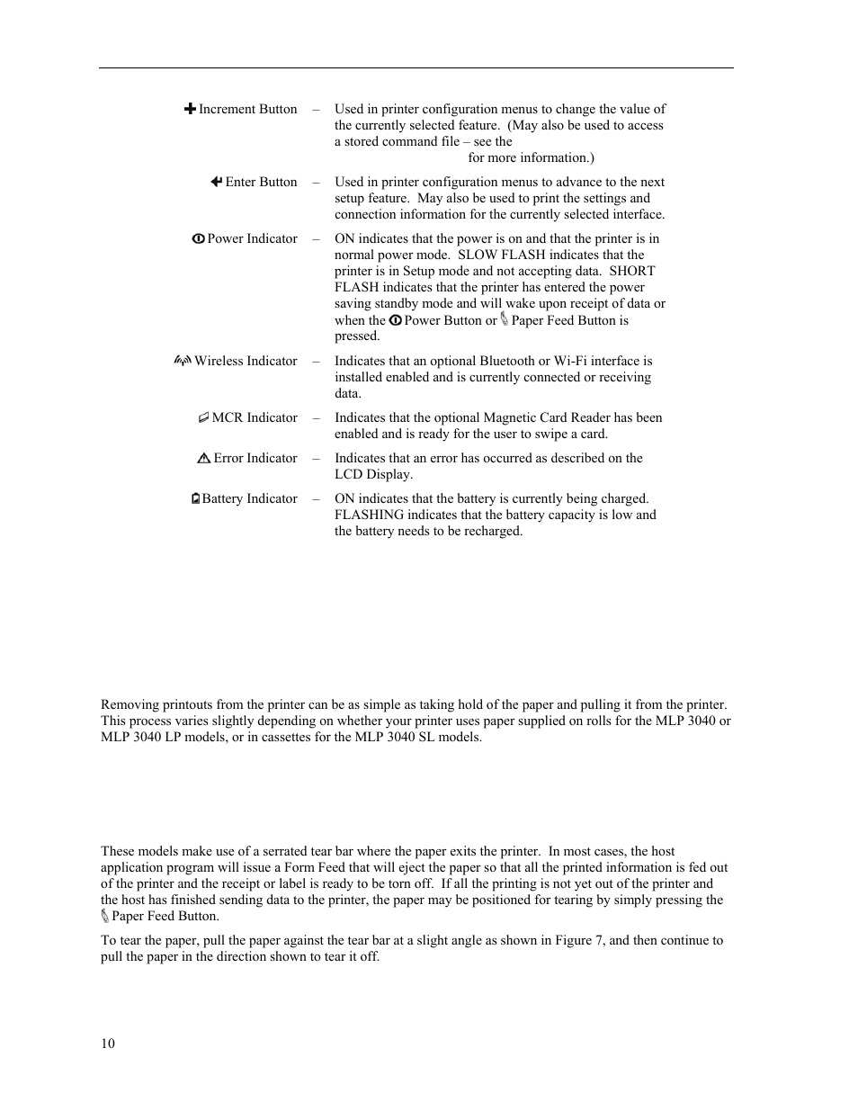 Removing printed output, Mlp 3040 and mlp 3040 lp models, Mlp 3040 and mlp 3040lp models | Psion Teklogix MLP 3040 Series User Manual | Page 16 / 65