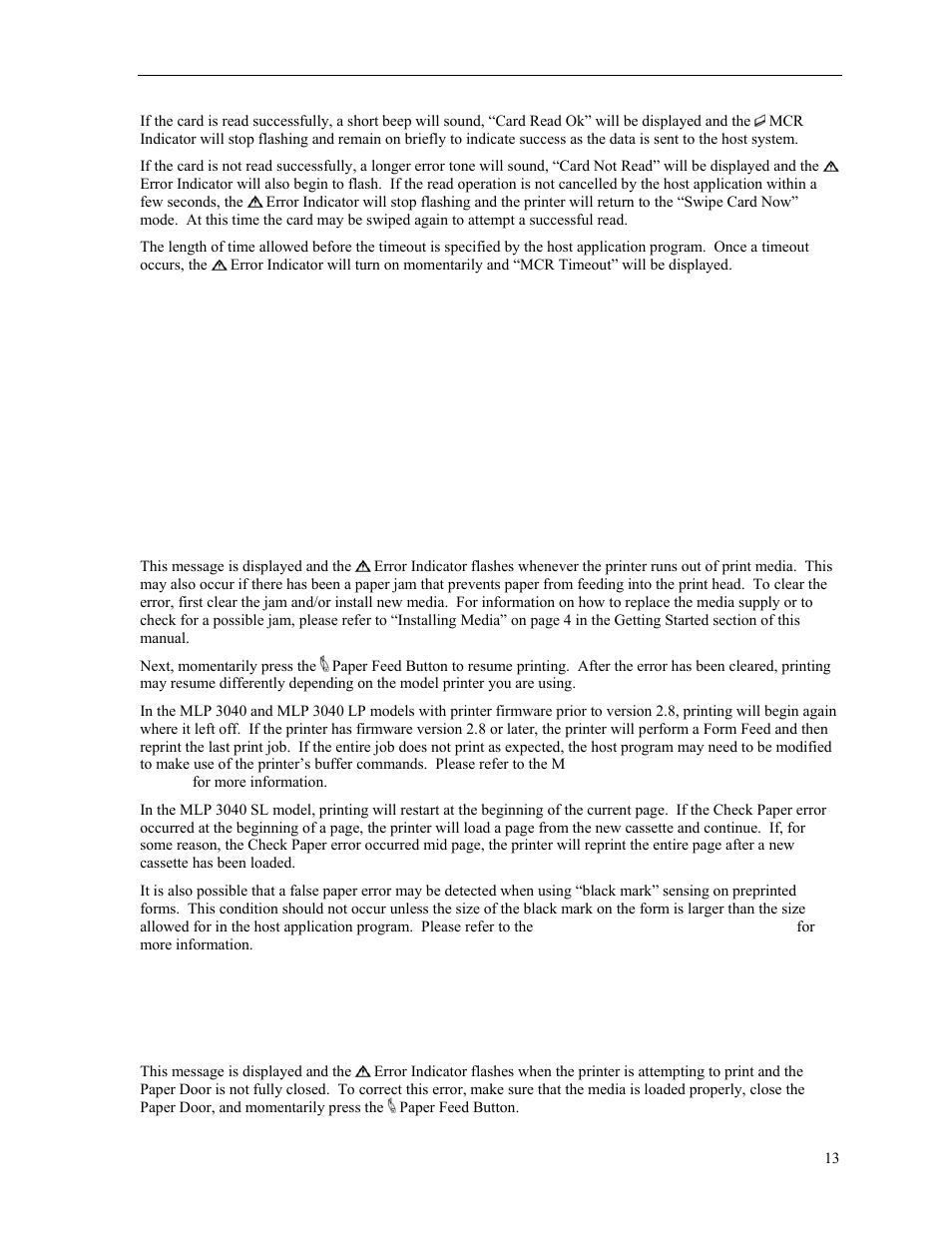 Additional messages, Check paper, Paper door open | Psion Teklogix MLP 3040 Series User Manual | Page 19 / 65