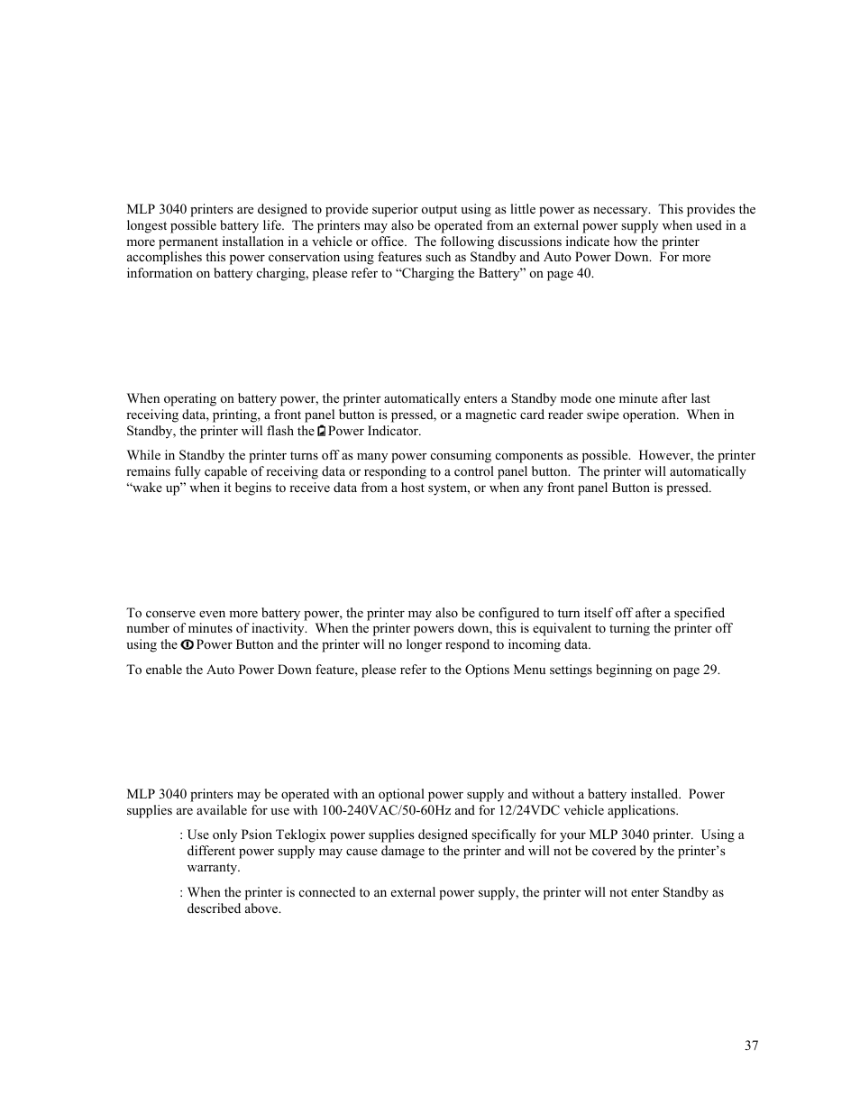 Power considerations, Standby operation, Auto power down | Operation without a battery, Power considerations p | Psion Teklogix MLP 3040 Series User Manual | Page 43 / 65