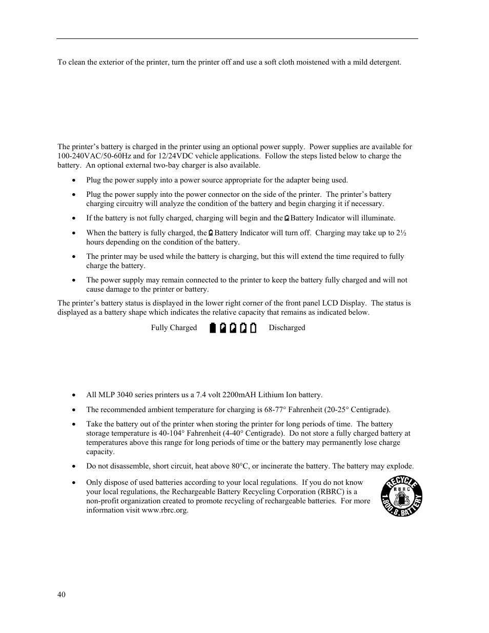 Battery care, Charging the battery, Additional battery and safety information | Charging the battery” on | Psion Teklogix MLP 3040 Series User Manual | Page 46 / 65