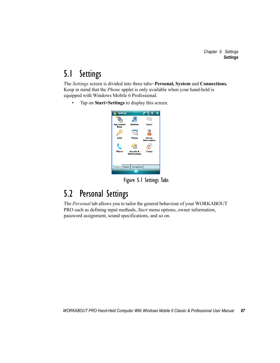 1 settings, 2 personal settings, 1 settings 5.2 personal settings | Psion Teklogix ISO 9001 User Manual | Page 105 / 360