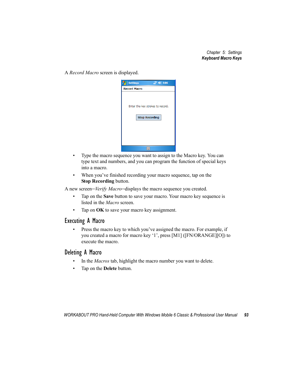 Executing a macro, Deleting a macro | Psion Teklogix ISO 9001 User Manual | Page 111 / 360