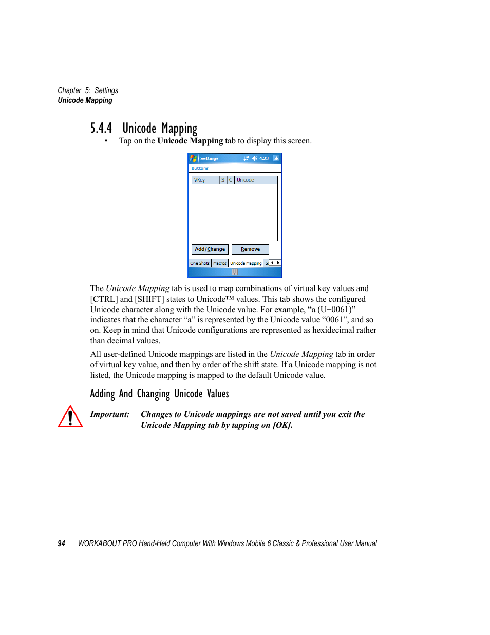 4 unicode mapping, Adding and changing unicode values | Psion Teklogix ISO 9001 User Manual | Page 112 / 360