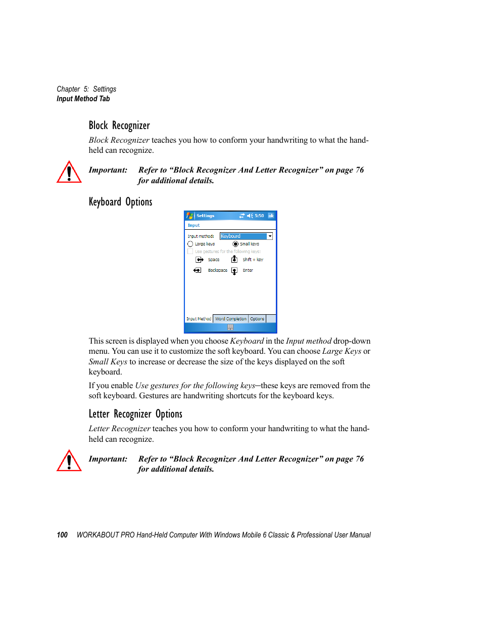 Block recognizer, Keyboard options, Letter recognizer options | Psion Teklogix ISO 9001 User Manual | Page 118 / 360