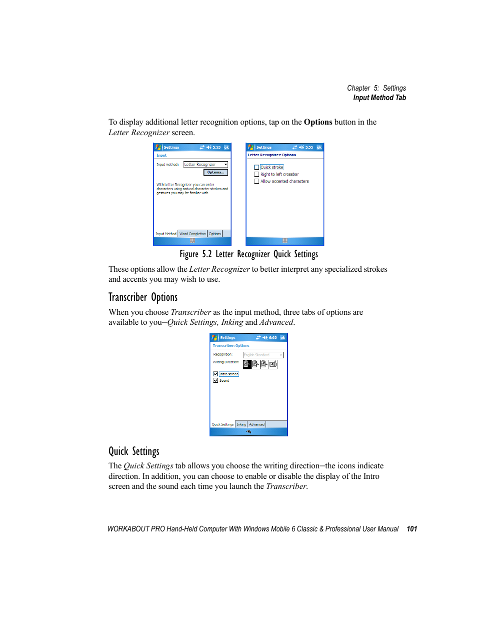 Transcriber options, Quick settings | Psion Teklogix ISO 9001 User Manual | Page 119 / 360