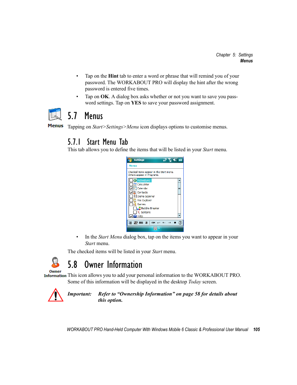 7 menus, 1 start menu tab, 8 owner information | Psion Teklogix ISO 9001 User Manual | Page 123 / 360