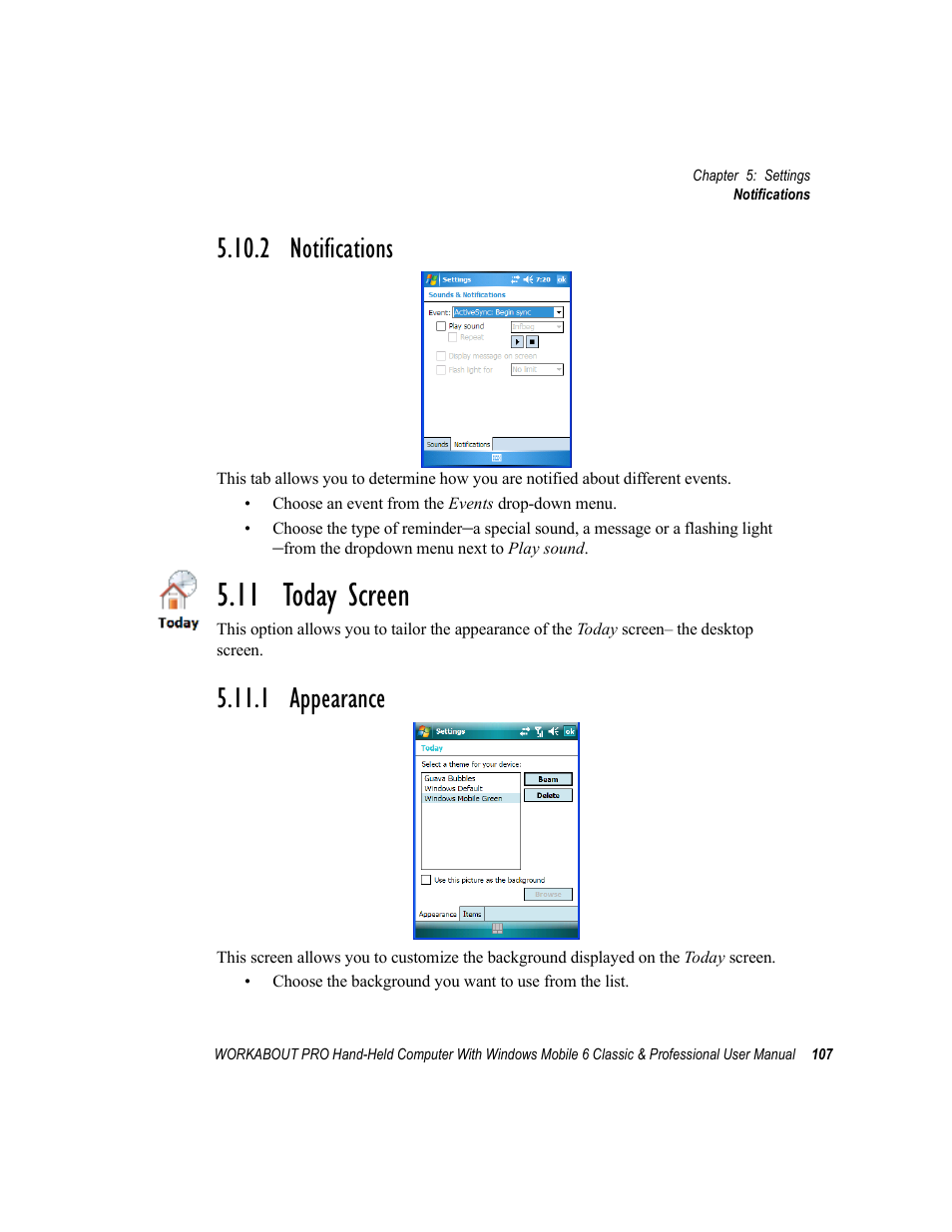 2 notifications, 11 today screen, 1 appearance | Psion Teklogix ISO 9001 User Manual | Page 125 / 360