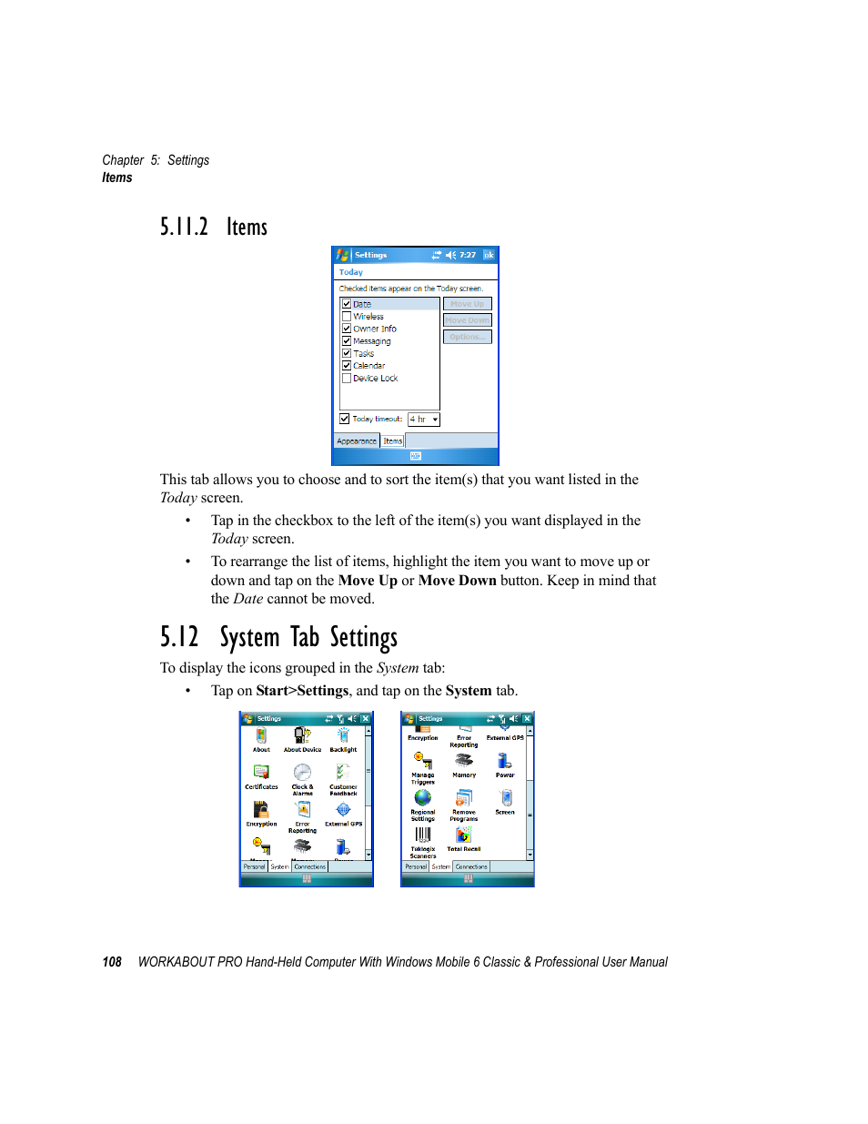 2 items, 12 system tab settings, Items | Psion Teklogix ISO 9001 User Manual | Page 126 / 360