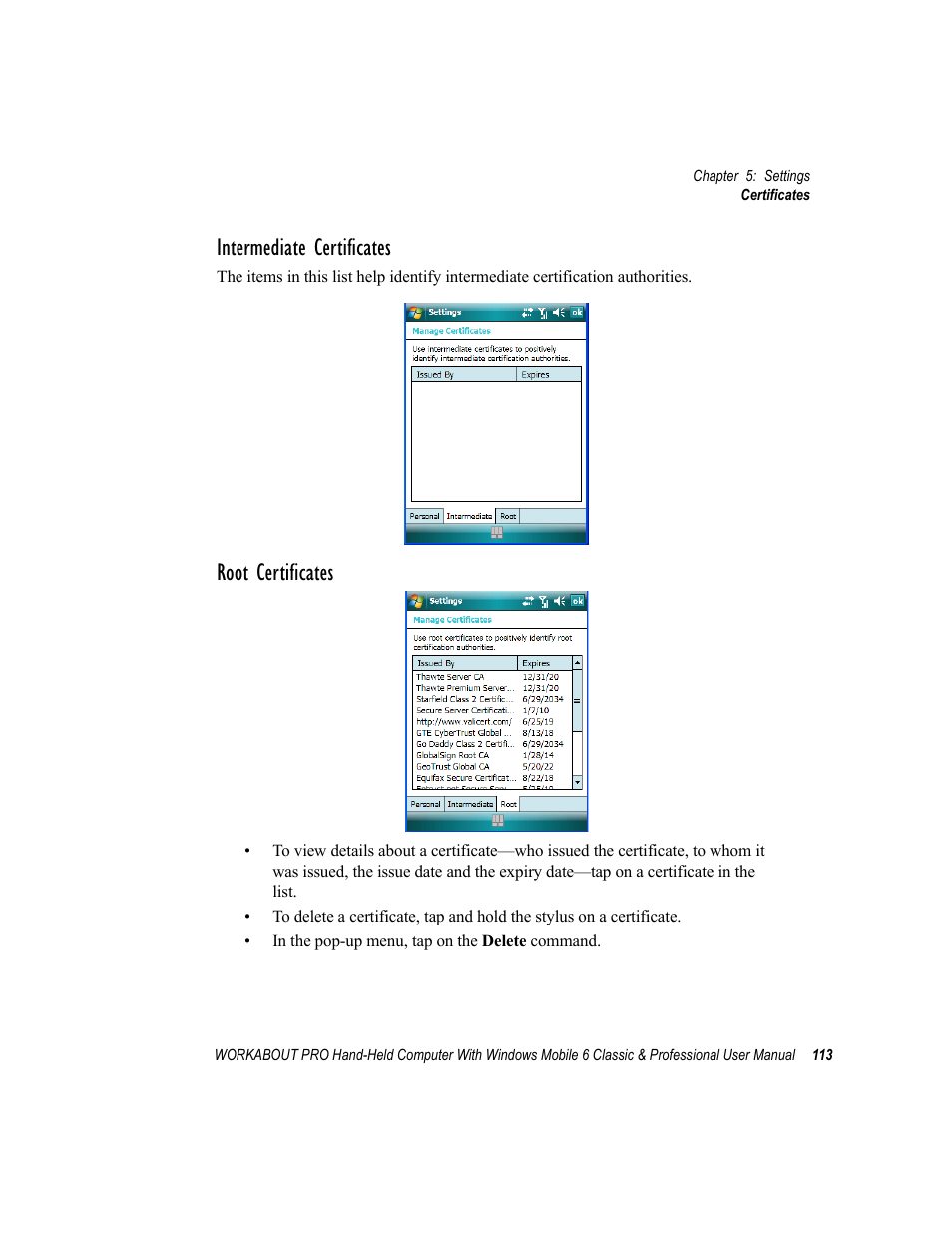 Intermediate certificates, Root certificates | Psion Teklogix ISO 9001 User Manual | Page 131 / 360