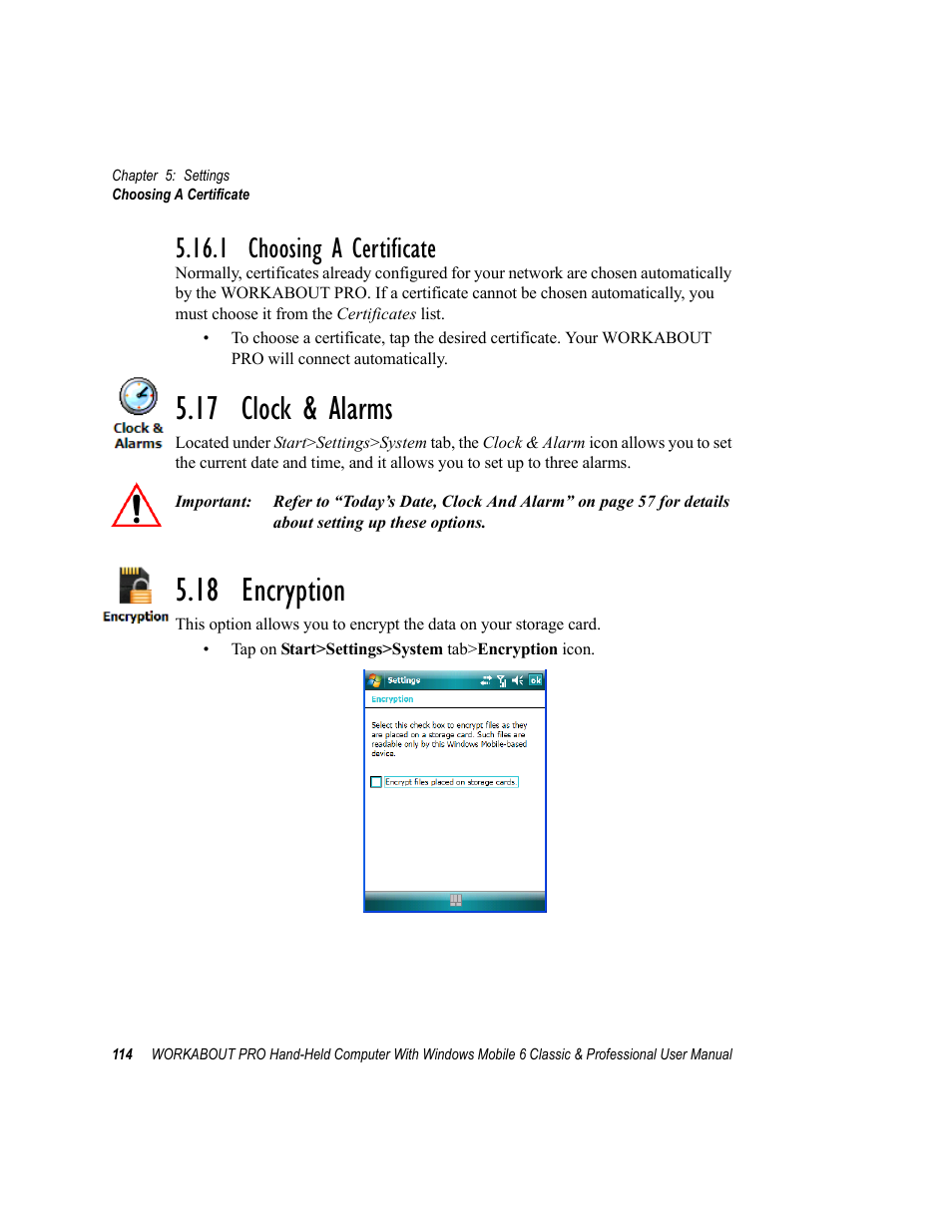 1 choosing a certificate, 17 clock & alarms, 18 encryption | 17 clock & alarms 5.18 encryption | Psion Teklogix ISO 9001 User Manual | Page 132 / 360