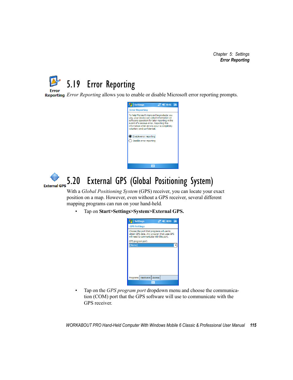 19 error reporting, 20 external gps (global positioning system) | Psion Teklogix ISO 9001 User Manual | Page 133 / 360