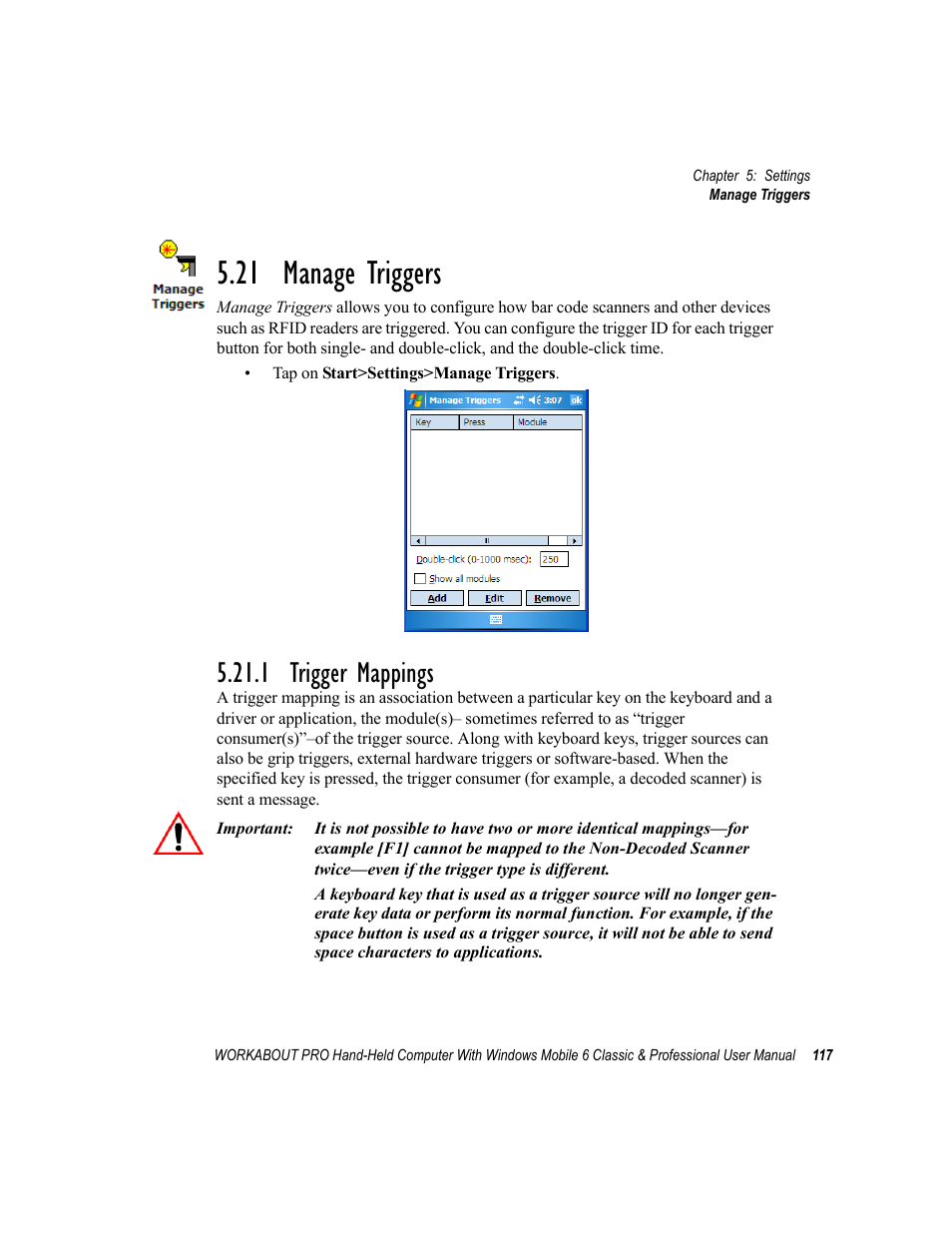21 manage triggers, 1 trigger mappings | Psion Teklogix ISO 9001 User Manual | Page 135 / 360