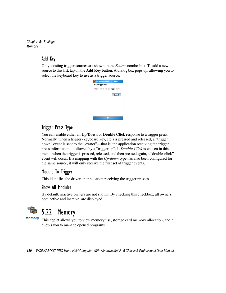 22 memory, Add key, Trigger press type | Module to trigger, Show all modules | Psion Teklogix ISO 9001 User Manual | Page 138 / 360