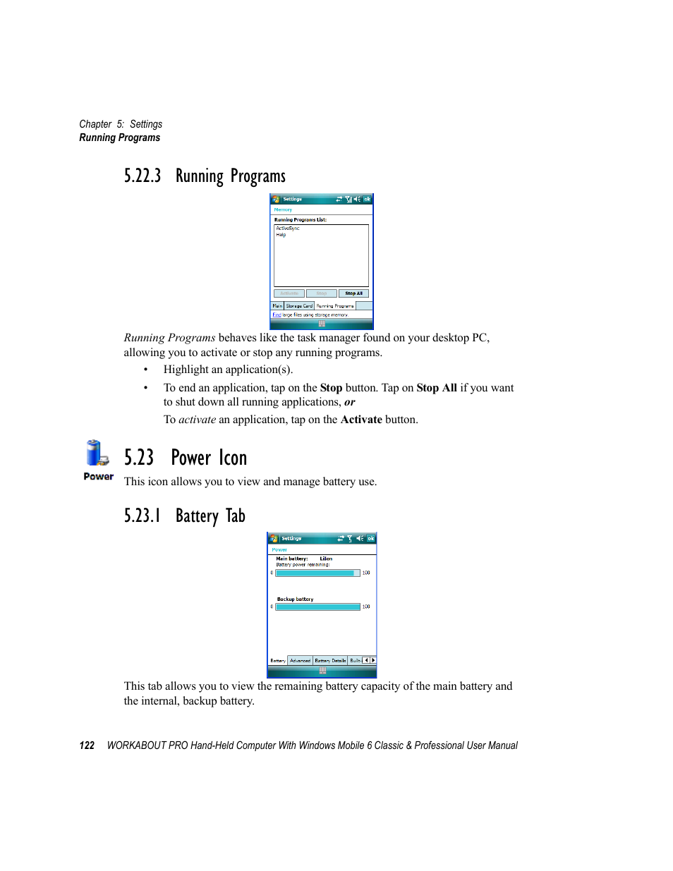 3 running programs, 23 power icon, 1 battery tab | Psion Teklogix ISO 9001 User Manual | Page 140 / 360