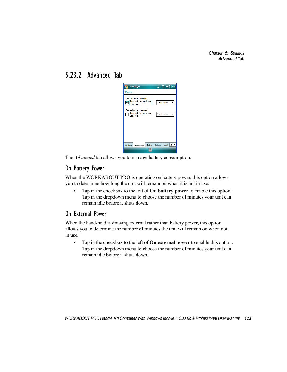 2 advanced tab, On battery power, On external power | Psion Teklogix ISO 9001 User Manual | Page 141 / 360