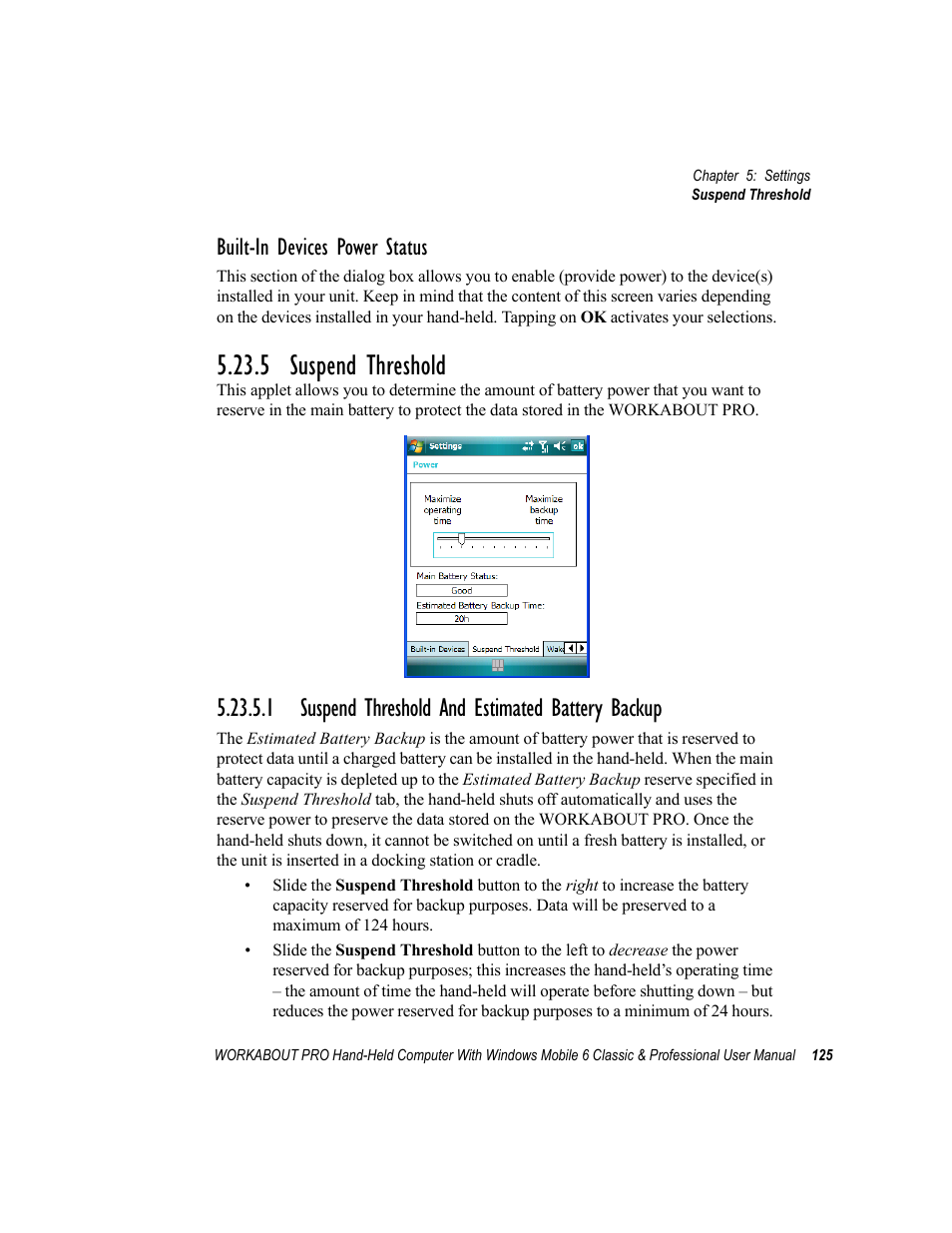 5 suspend threshold, 1 suspend threshold and estimated battery backup, Built-in devices power status | Psion Teklogix ISO 9001 User Manual | Page 143 / 360