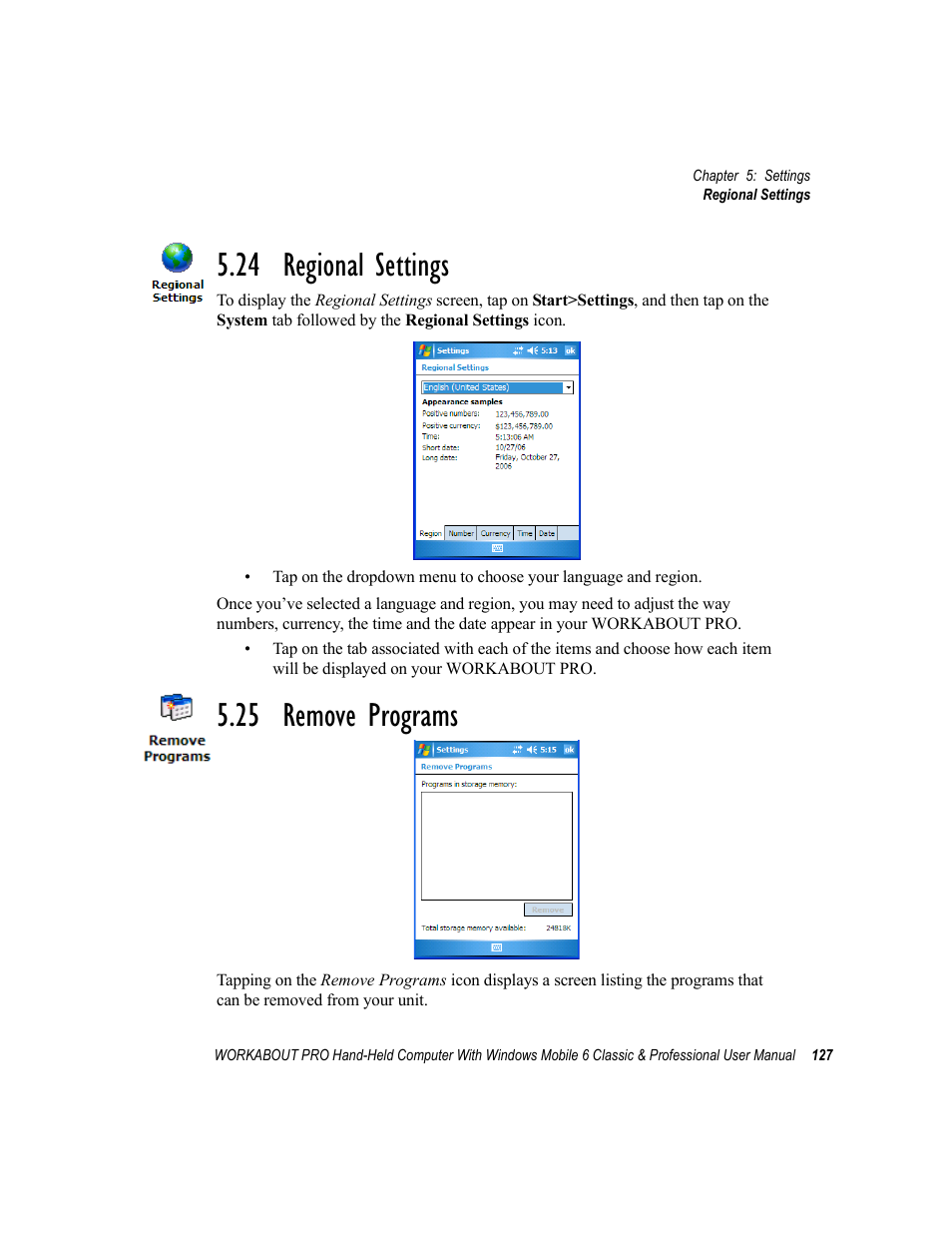 24 regional settings, 25 remove programs, 24 regional settings 5.25 remove programs | Psion Teklogix ISO 9001 User Manual | Page 145 / 360