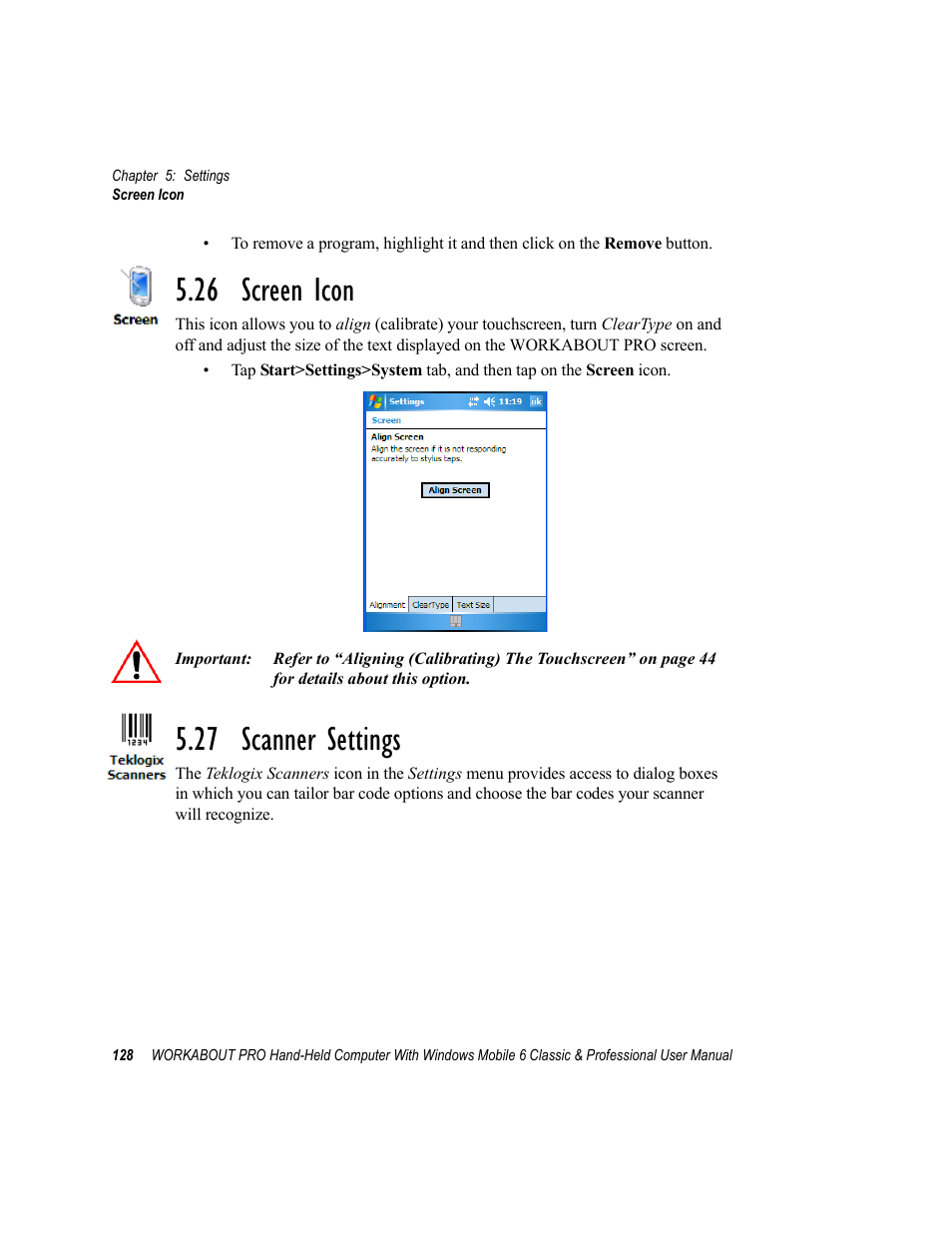 26 screen icon, 27 scanner settings, 26 screen icon 5.27 scanner settings | Psion Teklogix ISO 9001 User Manual | Page 146 / 360