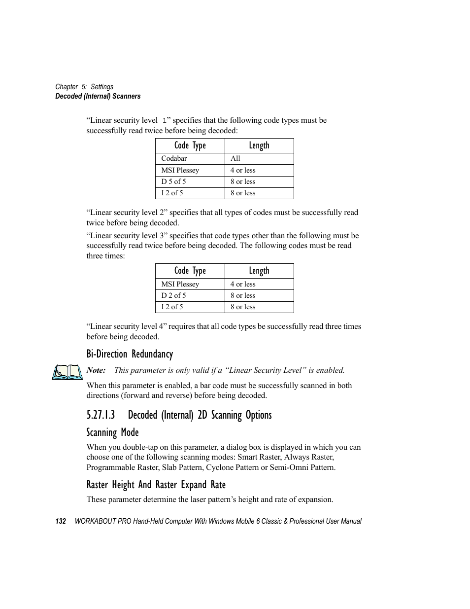 3 decoded (internal) 2d scanning options, Decoded (internal) 2d scanning options, Bi-direction redundancy | Scanning mode, Raster height and raster expand rate, Code type length | Psion Teklogix ISO 9001 User Manual | Page 150 / 360