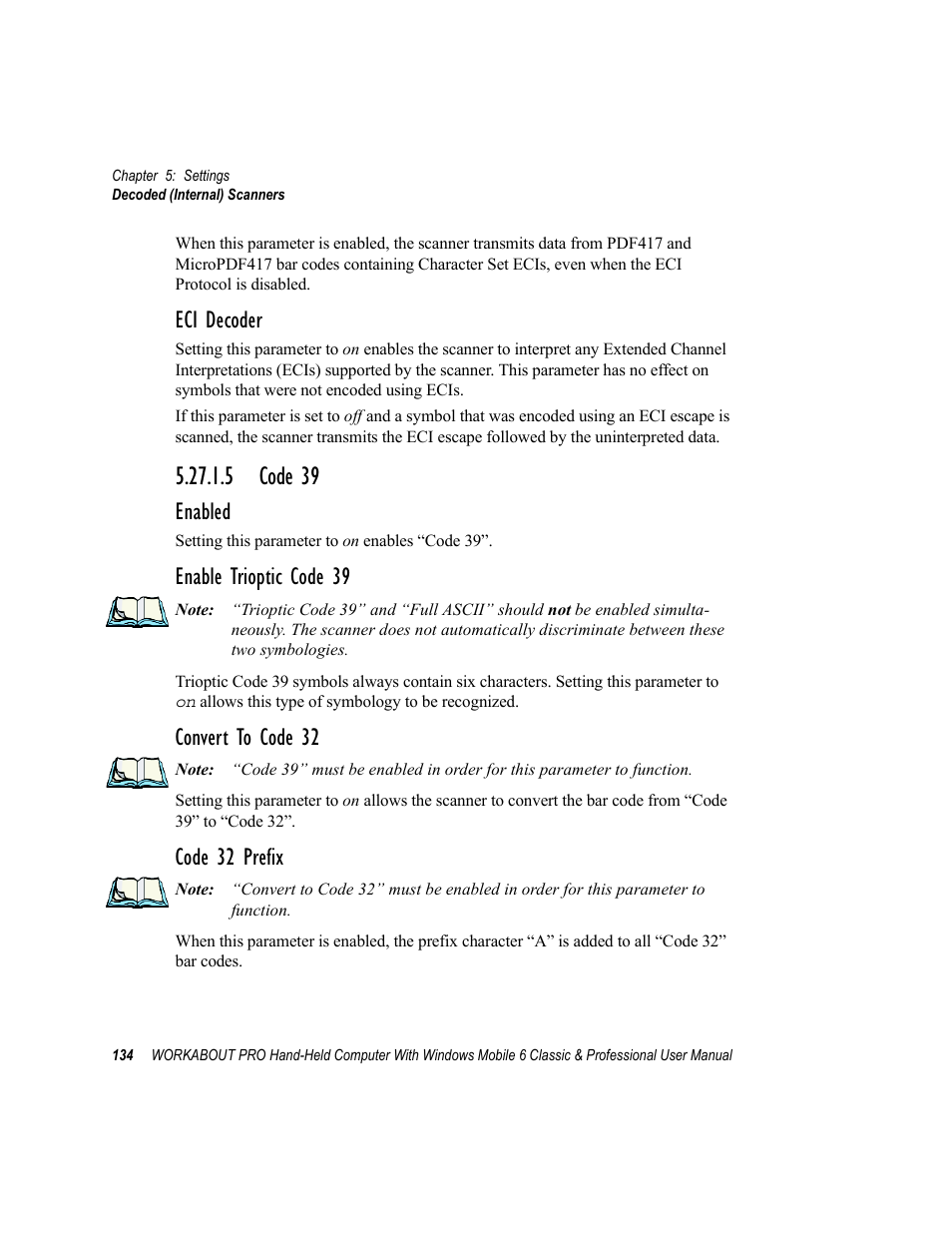 5 code 39, Eci decoder, Enabled | Enable trioptic code 39, Convert to code 32, Code 32 prefix | Psion Teklogix ISO 9001 User Manual | Page 152 / 360