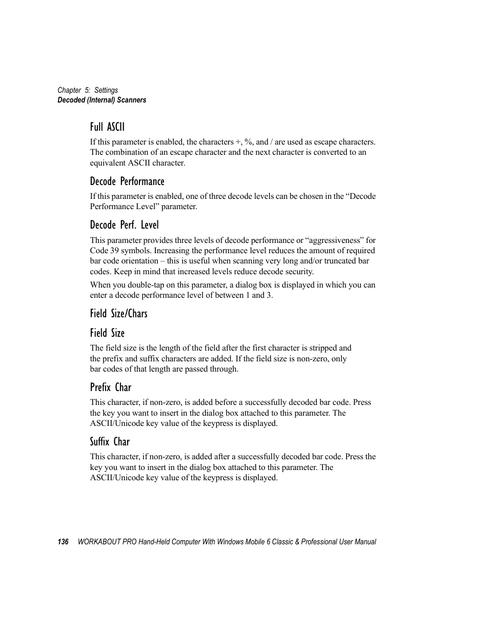 Full ascii, Decode performance, Decode perf. level | Field size/chars field size, Prefix char, Suffix char | Psion Teklogix ISO 9001 User Manual | Page 154 / 360