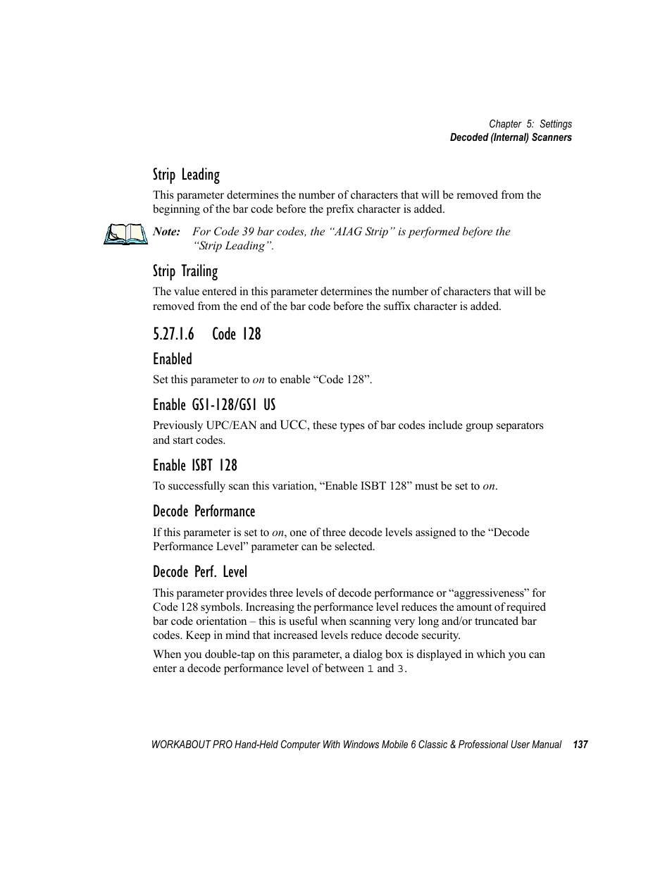 6 code 128, Strip leading, Strip trailing | Enabled, Enable isbt 128, Decode performance, Decode perf. level | Psion Teklogix ISO 9001 User Manual | Page 155 / 360