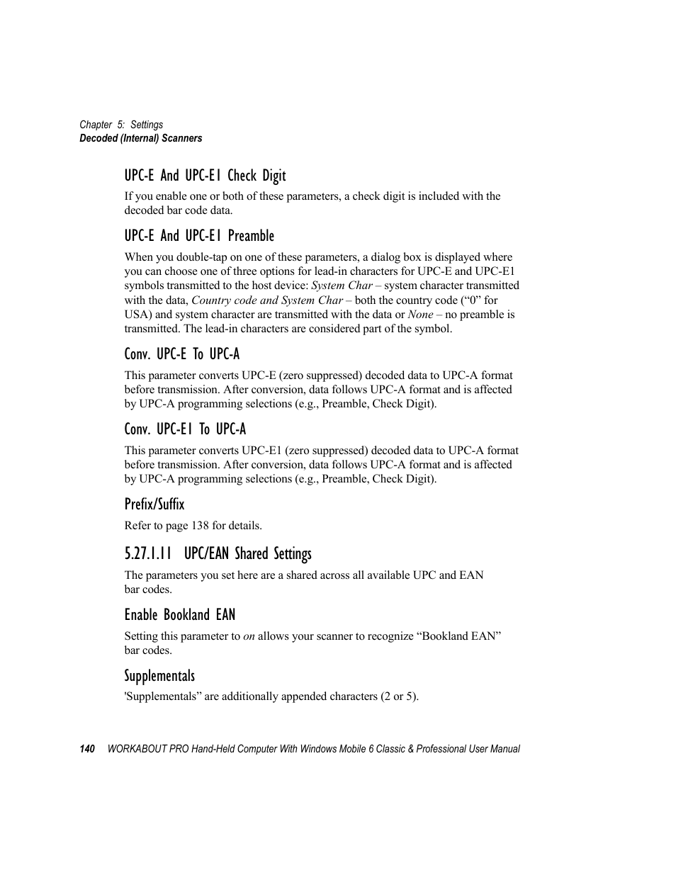 11 upc/ean shared settings, Upc-e and upc-e1 check digit, Upc-e and upc-e1 preamble | Conv. upc-e to upc-a, Conv. upc-e1 to upc-a, Prefix/suffix, Enable bookland ean, Supplementals | Psion Teklogix ISO 9001 User Manual | Page 158 / 360