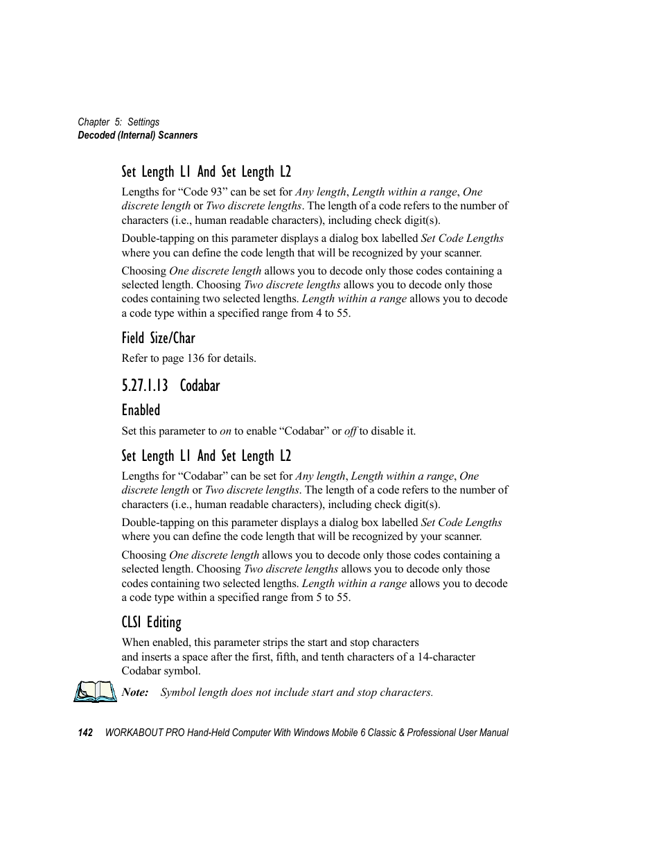 13 codabar, Set length l1 and set length l2, Field size/char | Enabled, Clsi editing | Psion Teklogix ISO 9001 User Manual | Page 160 / 360