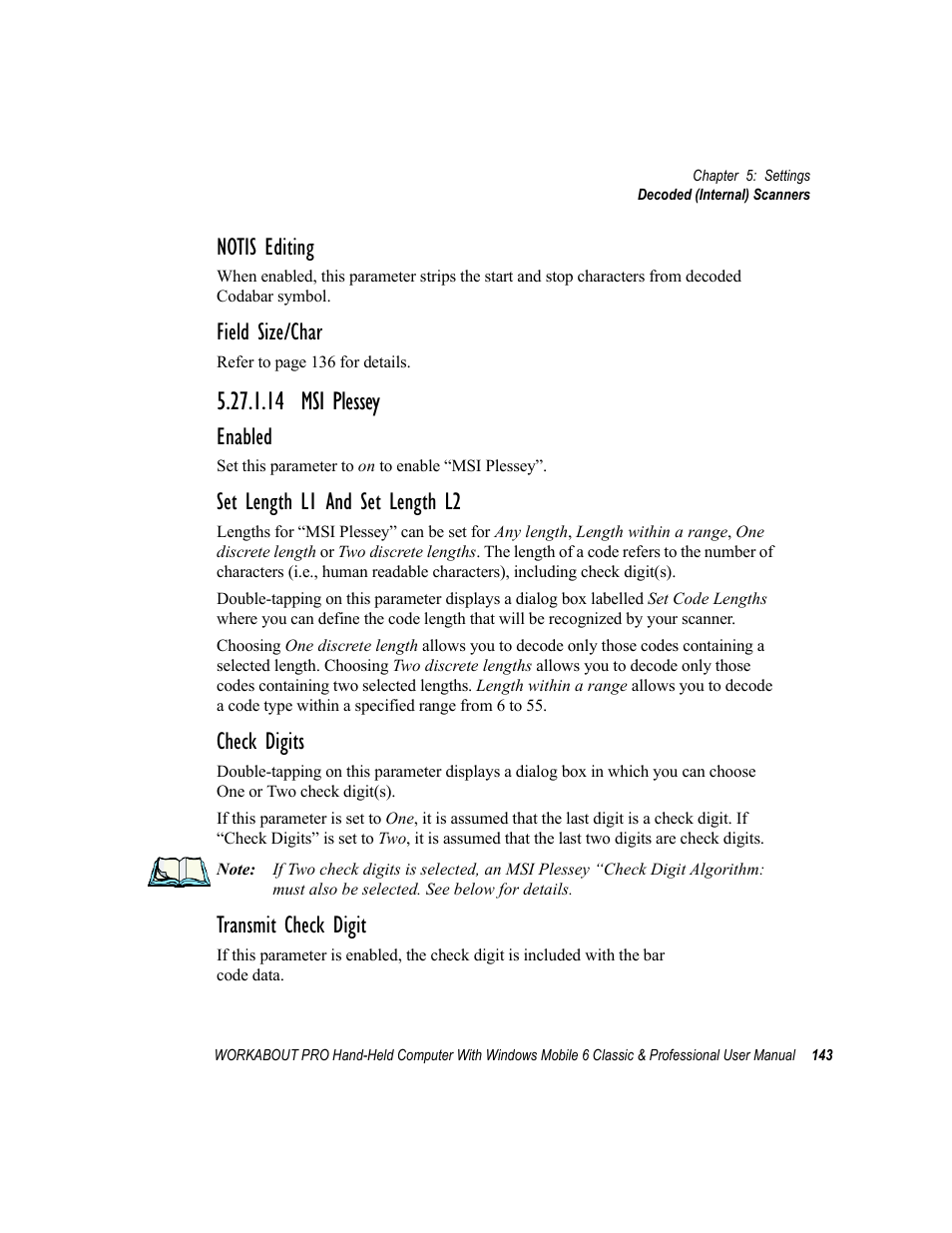 14 msi plessey, Notis editing, Field size/char | Enabled, Set length l1 and set length l2, Check digits, Transmit check digit | Psion Teklogix ISO 9001 User Manual | Page 161 / 360