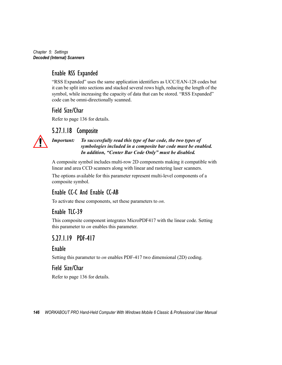 18 composite, 19 pdf-417, 18 composite 5.27.1.19 pdf-417 | Enable rss expanded, Field size/char, Enable cc-c and enable cc-ab, Enable tlc-39, Enable | Psion Teklogix ISO 9001 User Manual | Page 164 / 360