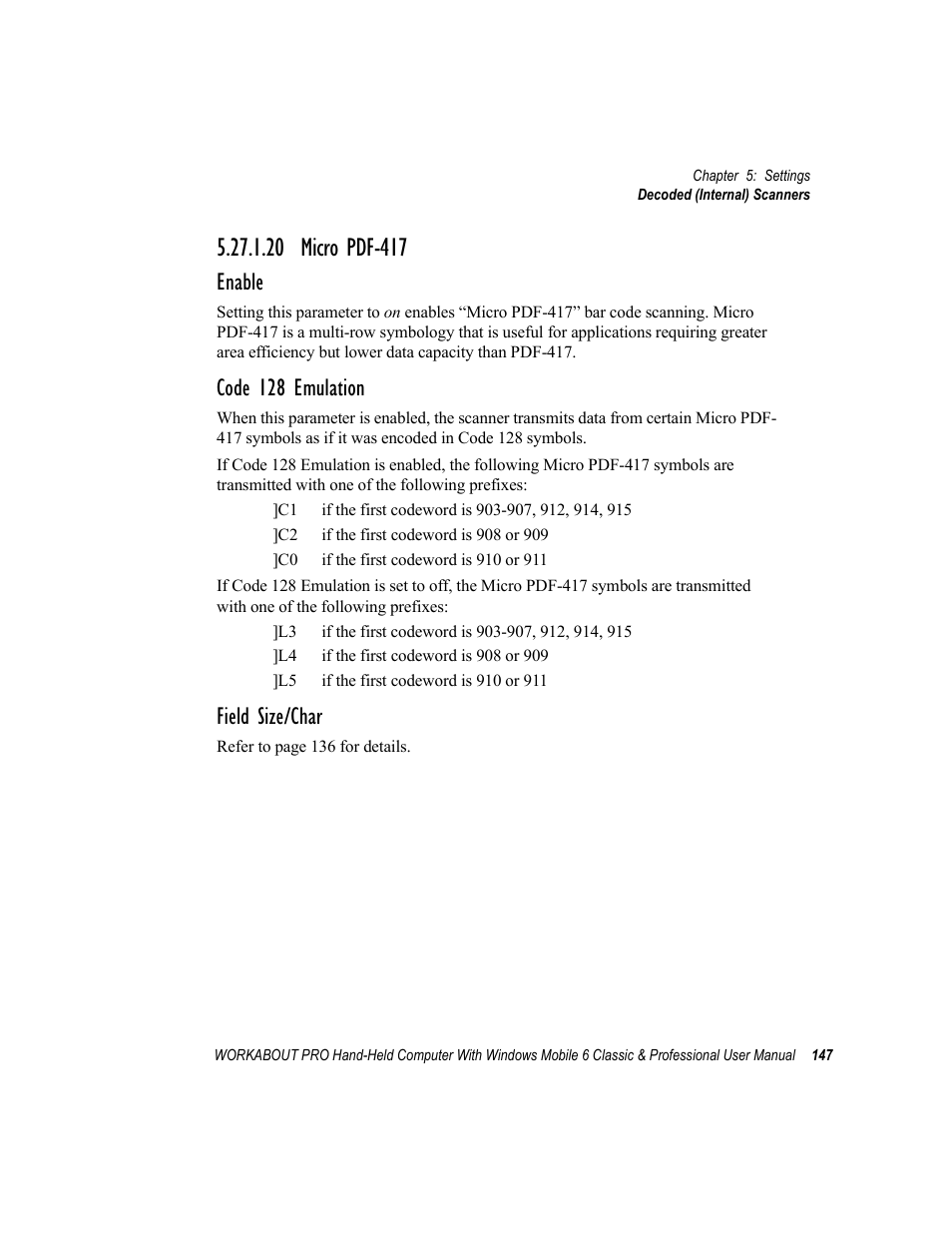 20 micro pdf-417, Enable, Code 128 emulation | Field size/char | Psion Teklogix ISO 9001 User Manual | Page 165 / 360