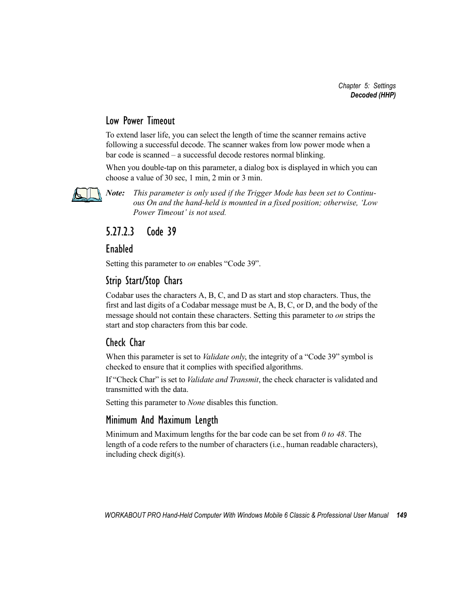 3 code 39, Low power timeout, Enabled | Strip start/stop chars, Check char, Minimum and maximum length | Psion Teklogix ISO 9001 User Manual | Page 167 / 360