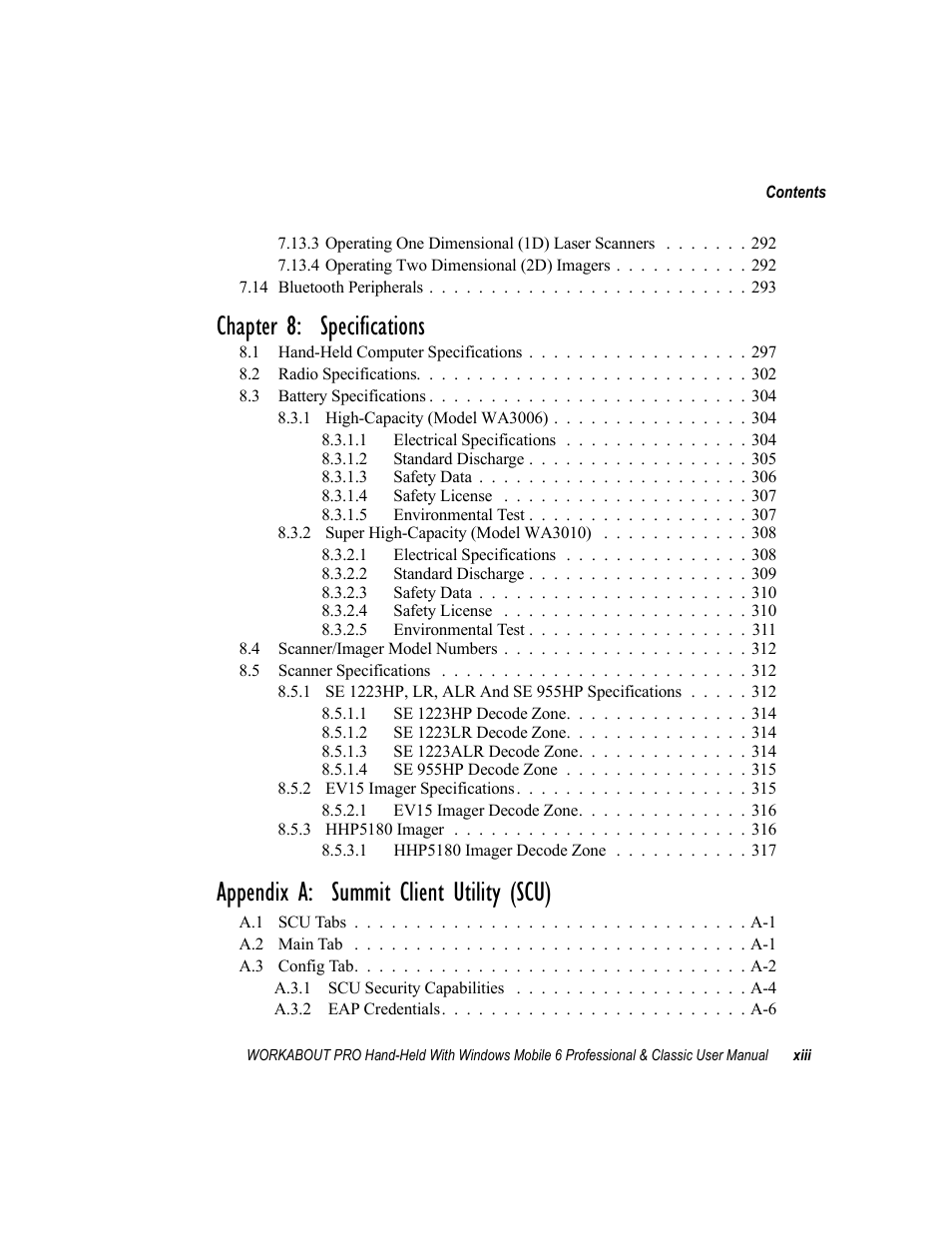 Chapter 8: specifications, Appendix a: summit client utility (scu) | Psion Teklogix ISO 9001 User Manual | Page 17 / 360