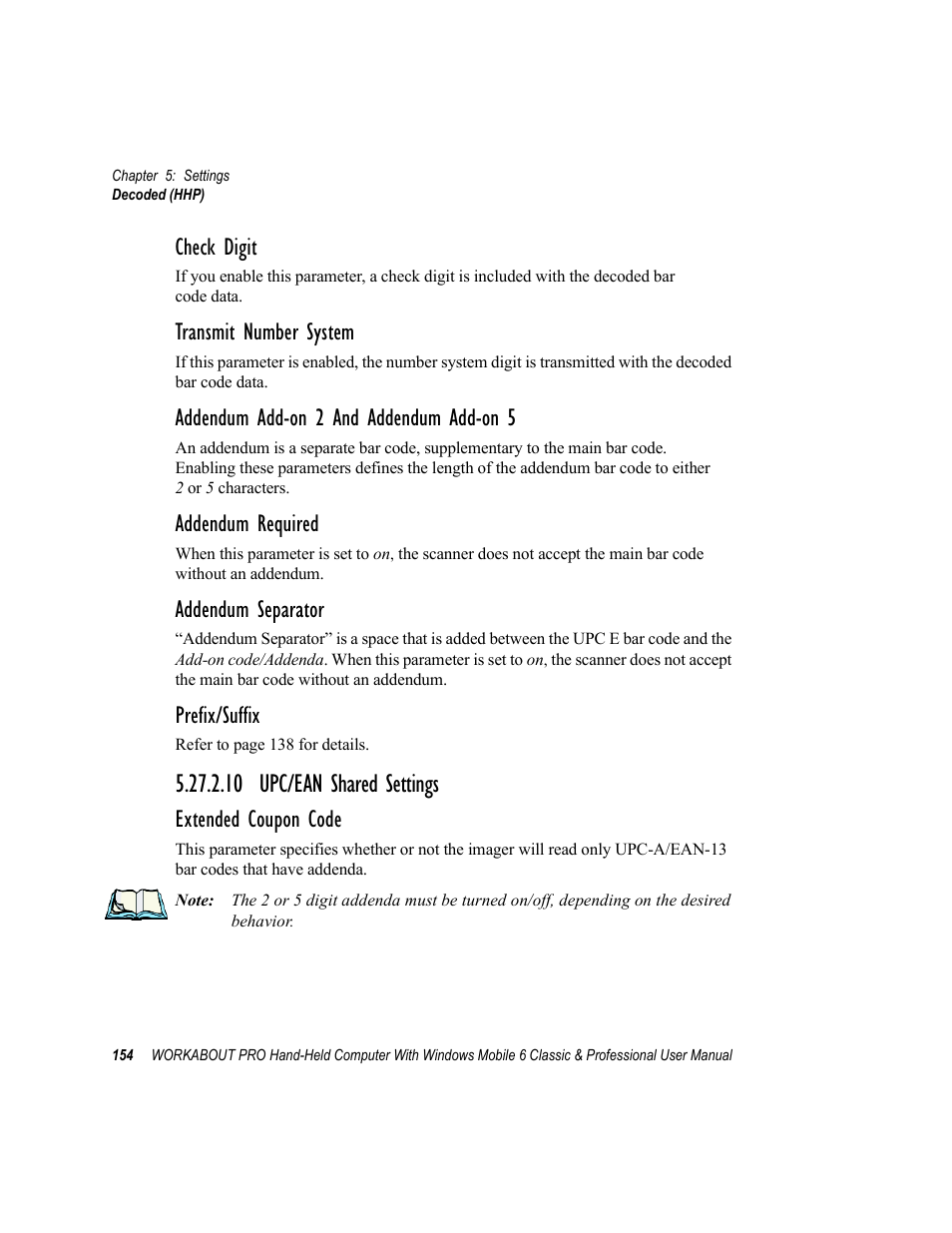 10 upc/ean shared settings, Check digit, Transmit number system | Addendum add-on 2 and addendum add-on 5, Addendum required, Addendum separator, Prefix/suffix, Extended coupon code | Psion Teklogix ISO 9001 User Manual | Page 172 / 360