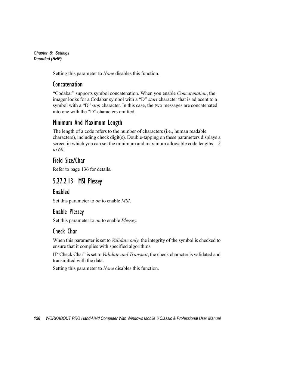 13 msi plessey, Concatenation, Minimum and maximum length | Field size/char, Enabled, Enable plessey, Check char | Psion Teklogix ISO 9001 User Manual | Page 174 / 360