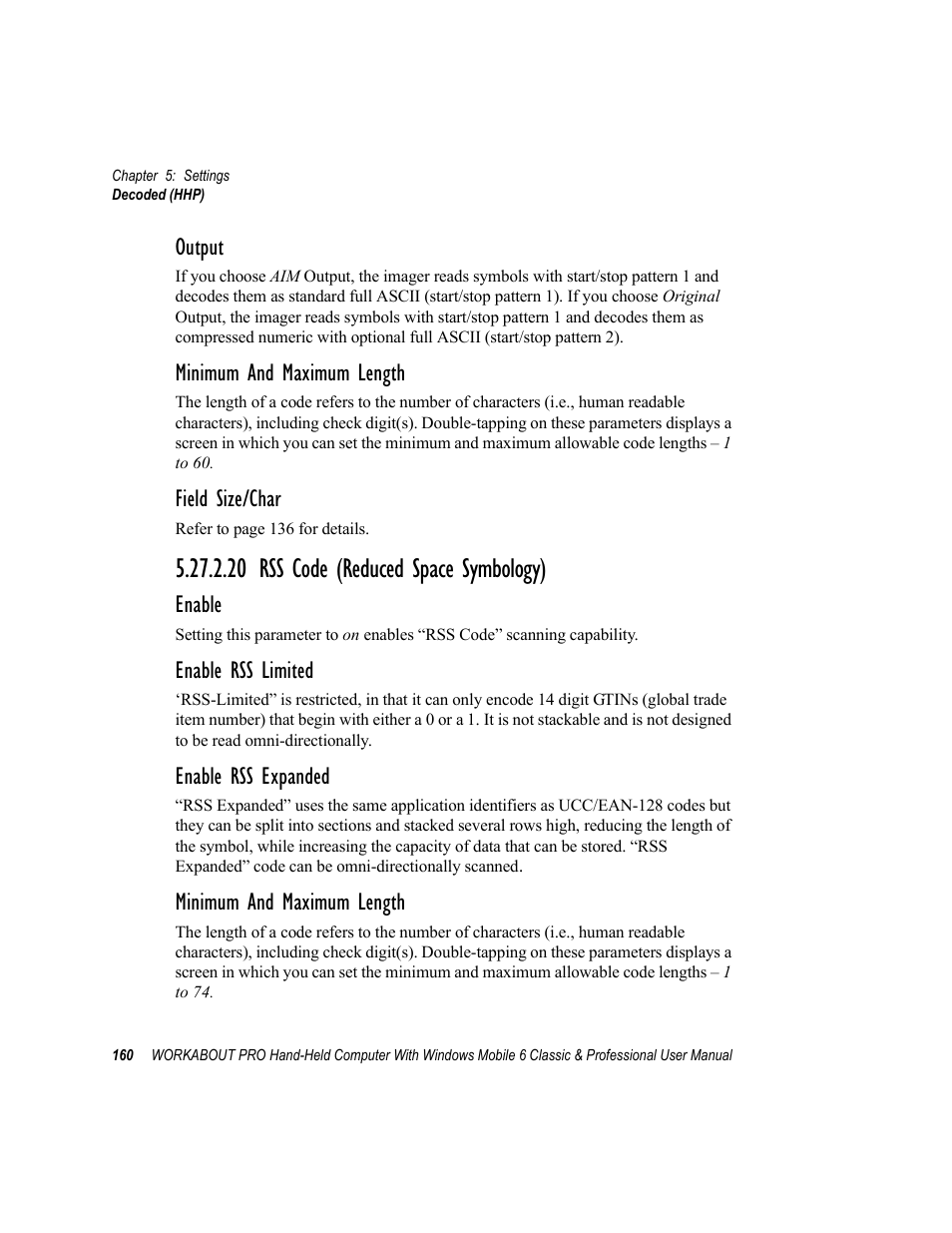 20 rss code (reduced space symbology), Output, Minimum and maximum length | Field size/char, Enable, Enable rss limited, Enable rss expanded | Psion Teklogix ISO 9001 User Manual | Page 178 / 360