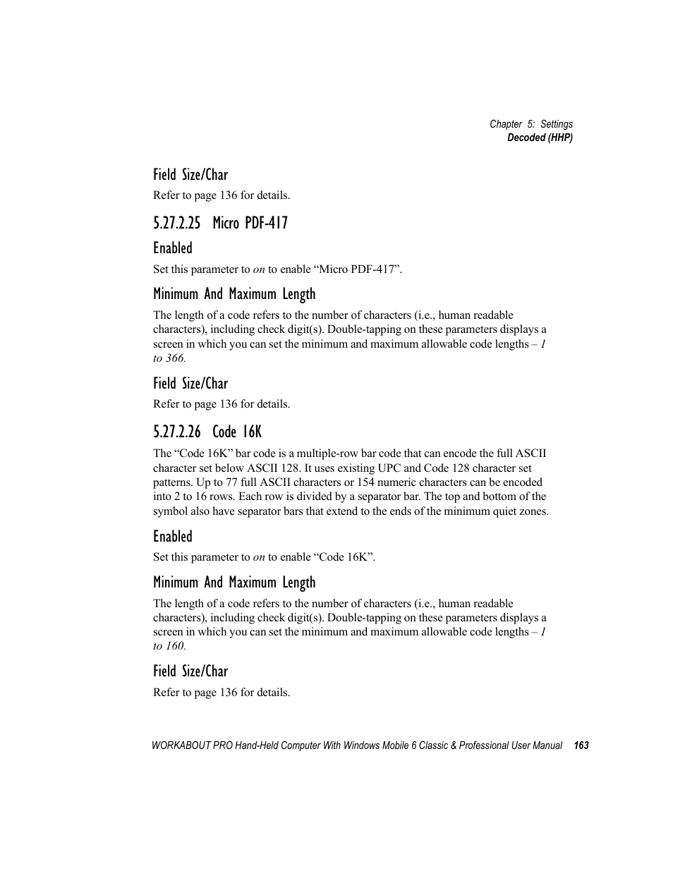 25 micro pdf-417, 26 code 16k, 25 micro pdf-417 5.27.2.26 code 16k | Field size/char, Enabled, Minimum and maximum length | Psion Teklogix ISO 9001 User Manual | Page 181 / 360