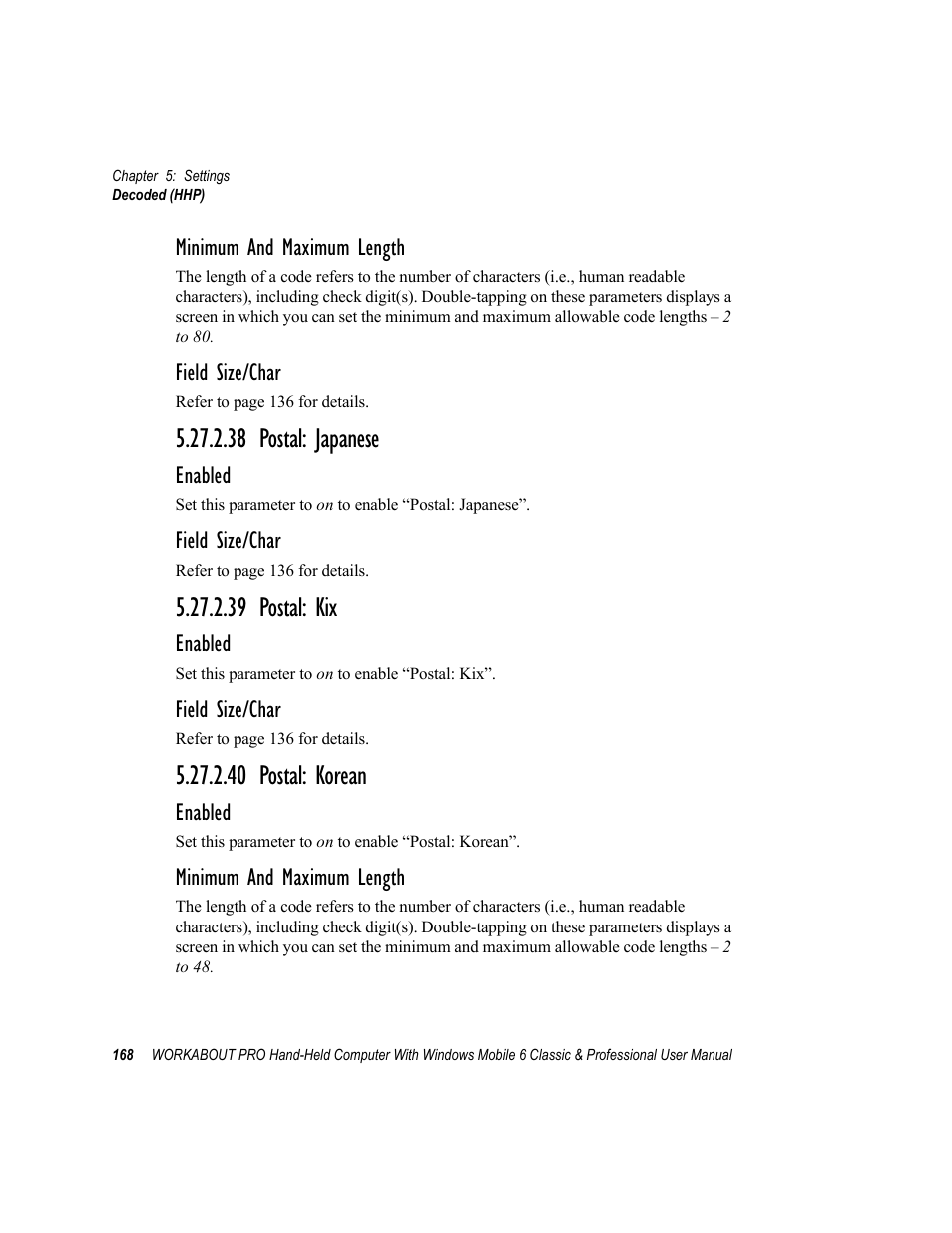 38 postal: japanese, 39 postal: kix, 40 postal: korean | Psion Teklogix ISO 9001 User Manual | Page 186 / 360