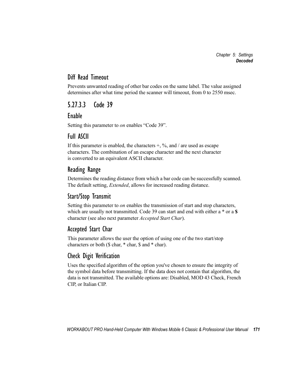 3 code 39, Diff read timeout, Enable | Full ascii, Reading range, Start/stop transmit, Accepted start char, Check digit verification | Psion Teklogix ISO 9001 User Manual | Page 189 / 360