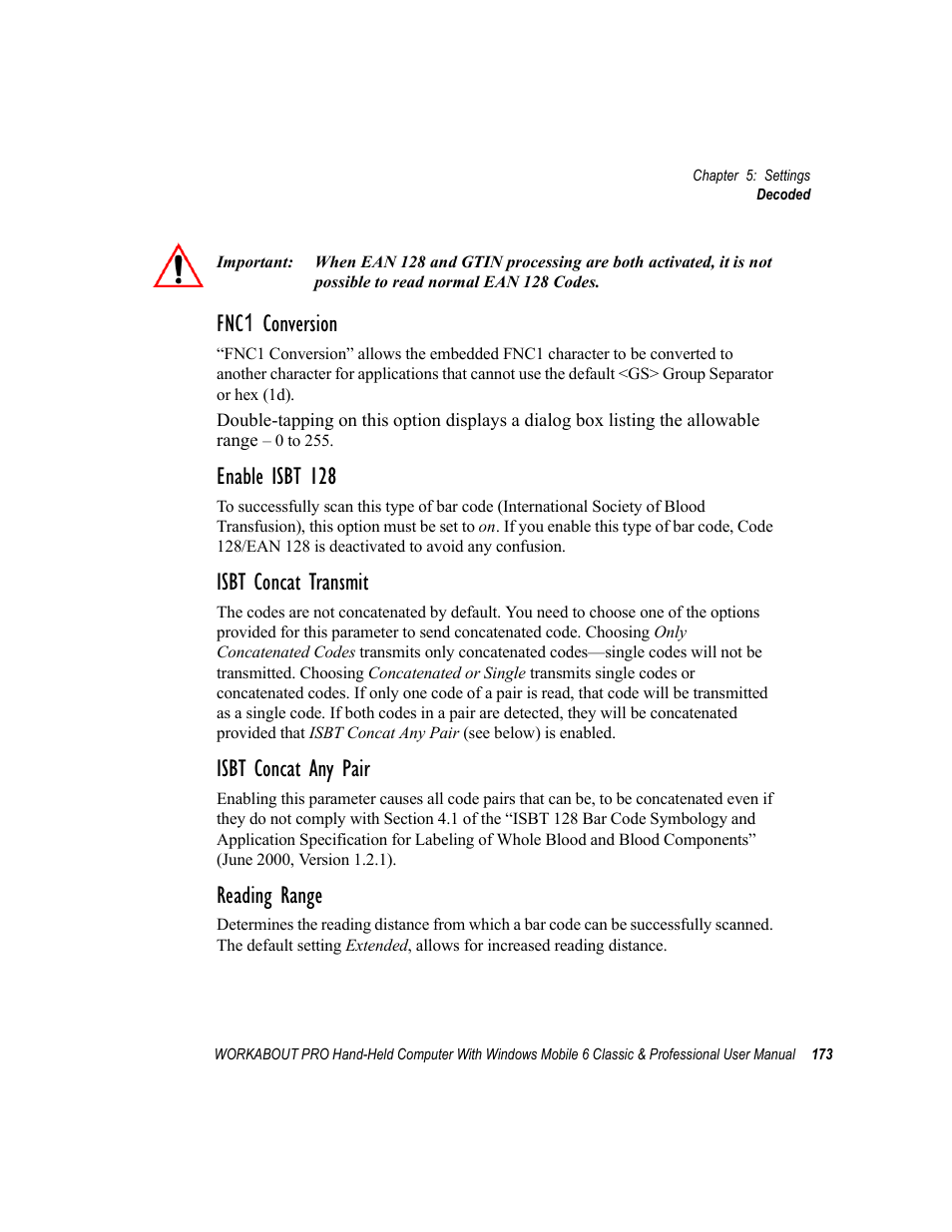 Fnc1 conversion, Enable isbt 128, Isbt concat transmit | Isbt concat any pair, Reading range | Psion Teklogix ISO 9001 User Manual | Page 191 / 360