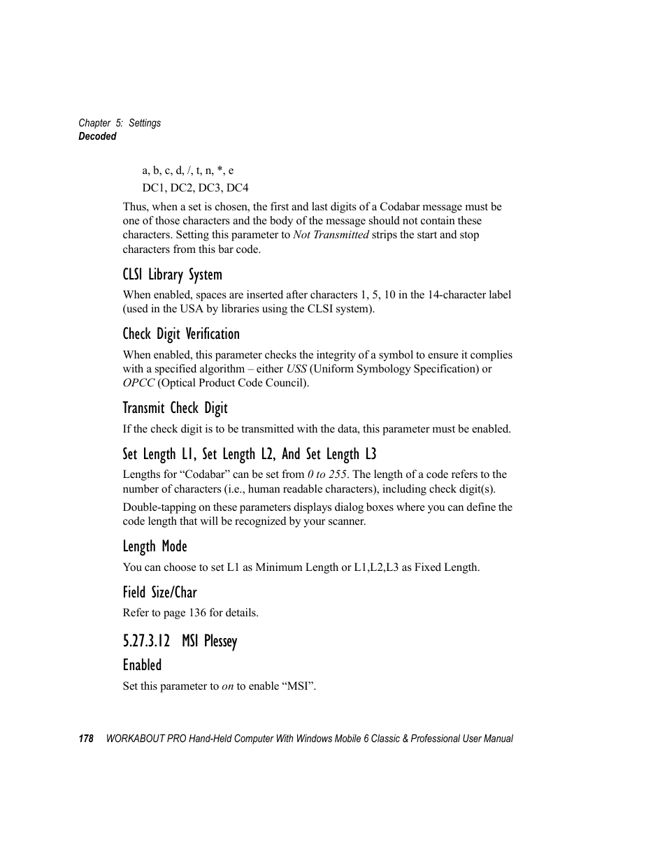 12 msi plessey, Clsi library system, Check digit verification | Transmit check digit, Set length l1, set length l2, and set length l3, Length mode, Field size/char, Enabled | Psion Teklogix ISO 9001 User Manual | Page 196 / 360