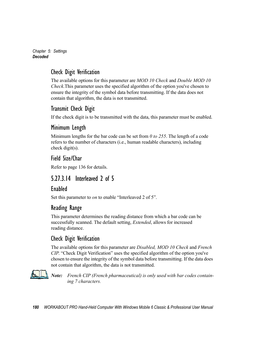 14 interleaved 2 of 5, Check digit verification, Transmit check digit | Minimum length, Field size/char, Enabled, Reading range | Psion Teklogix ISO 9001 User Manual | Page 198 / 360