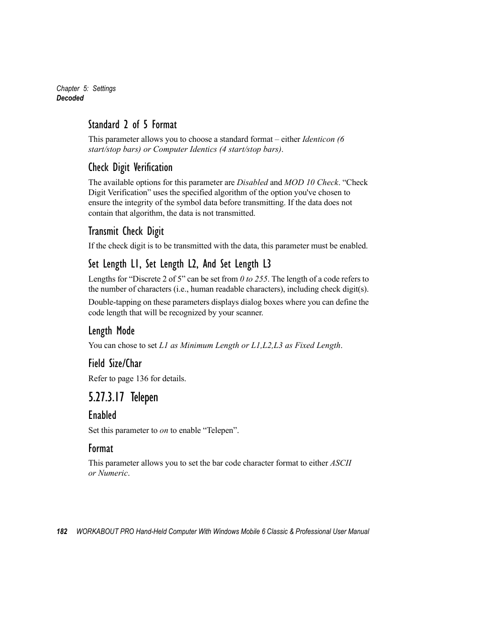 17 telepen, Standard 2 of 5 format, Check digit verification | Transmit check digit, Set length l1, set length l2, and set length l3, Length mode, Field size/char, Enabled, Format | Psion Teklogix ISO 9001 User Manual | Page 200 / 360