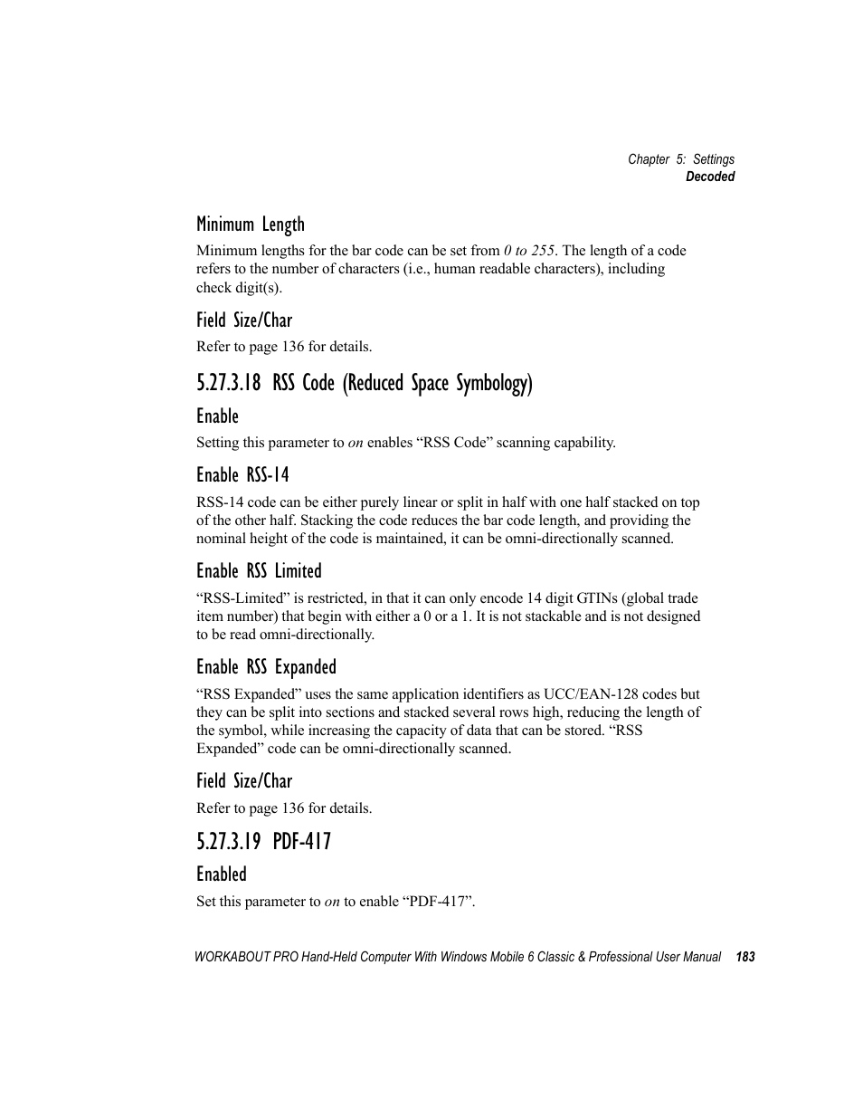 18 rss code (reduced space symbology), 19 pdf-417, Minimum length | Field size/char, Enable, Enable rss-14, Enable rss limited, Enable rss expanded, Enabled | Psion Teklogix ISO 9001 User Manual | Page 201 / 360